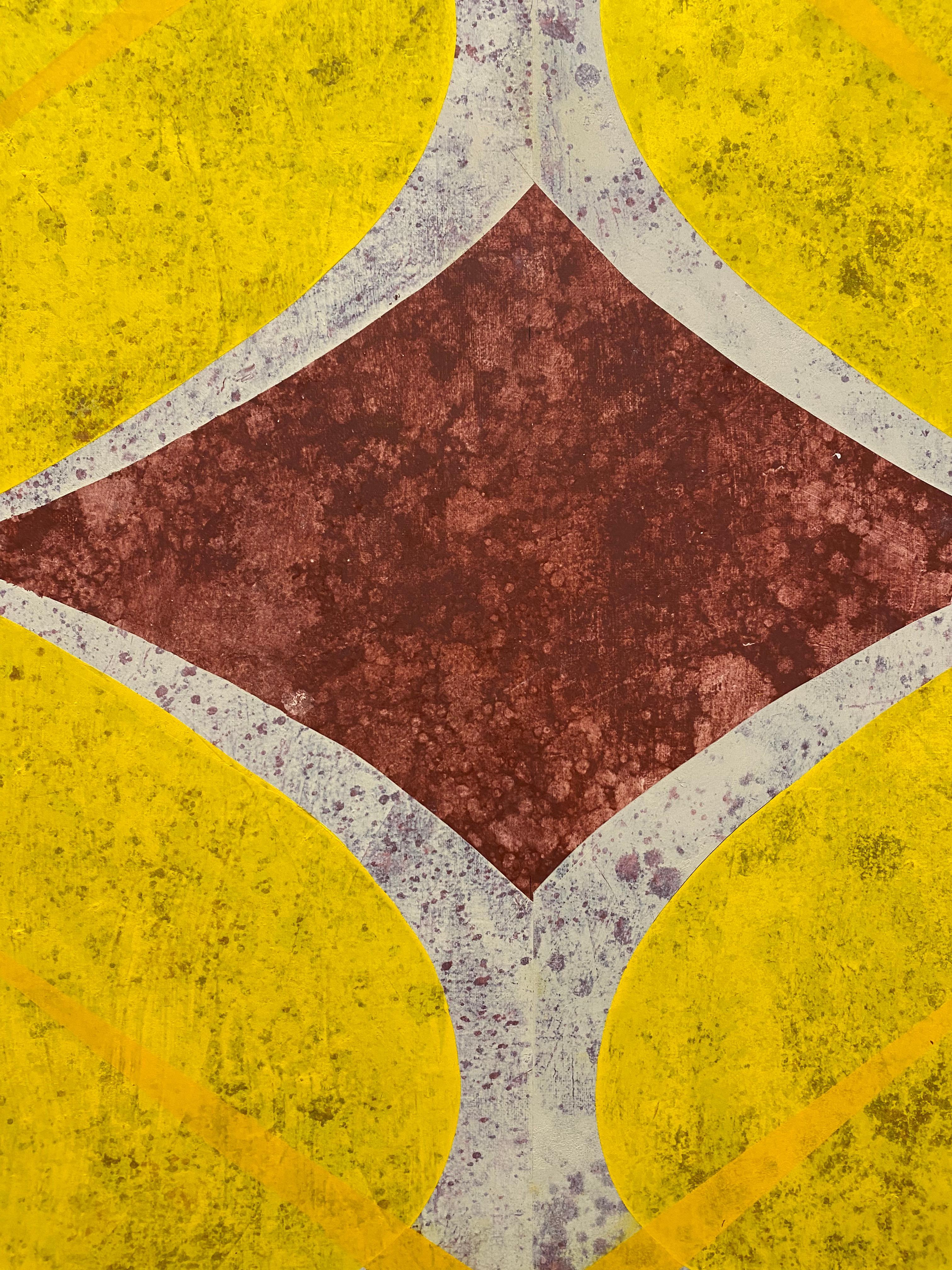 In this contemporary abstract painting in oil on linen, the yellow background is vibrant and bright, offsetting a layered, eye-catching geometric pattern in white and berry red with a mottled surface. Signed, dated and titled on verso.

Mary Judge
