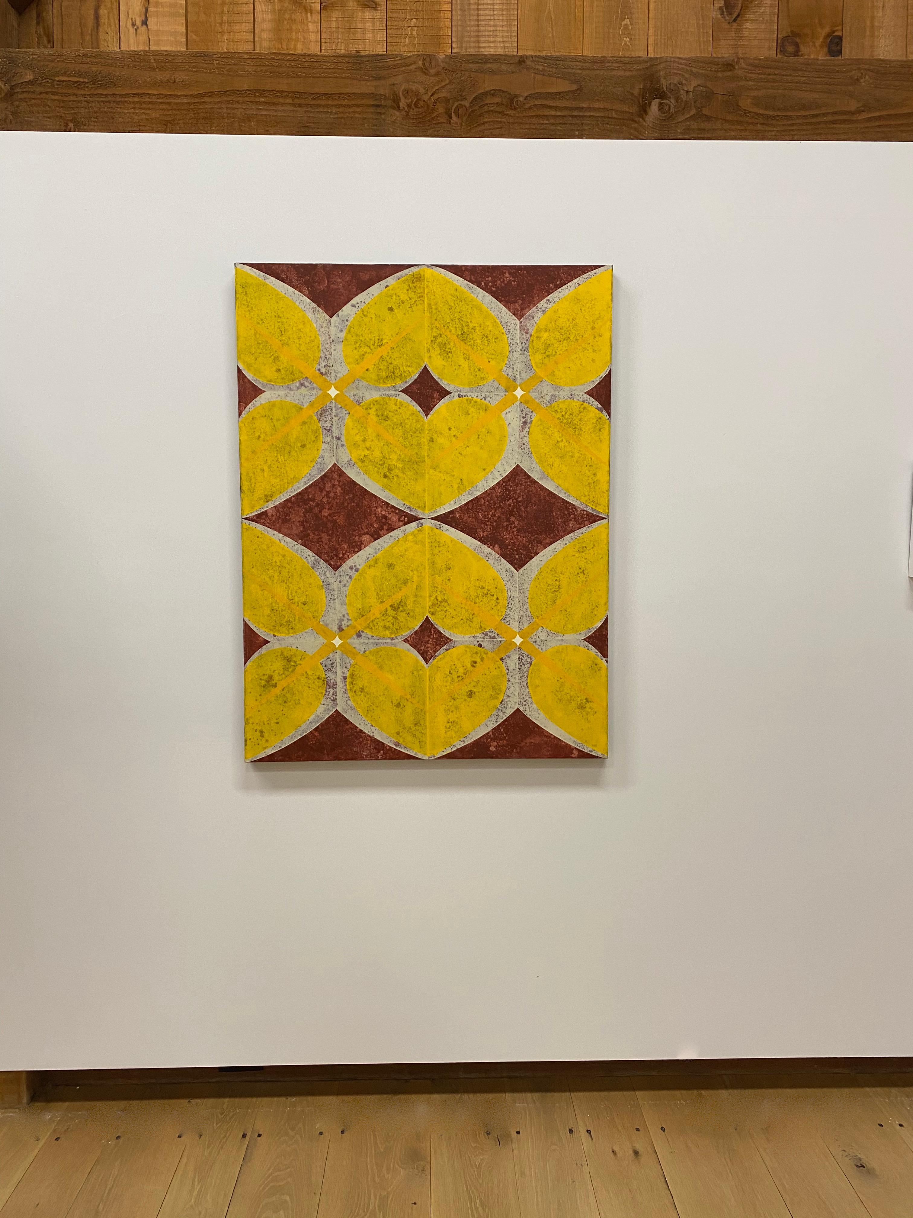 King of Daffs II, Golden Yellow, Garnet Red, White Geometric Pattern Painting - Orange Abstract Painting by Mary Judge