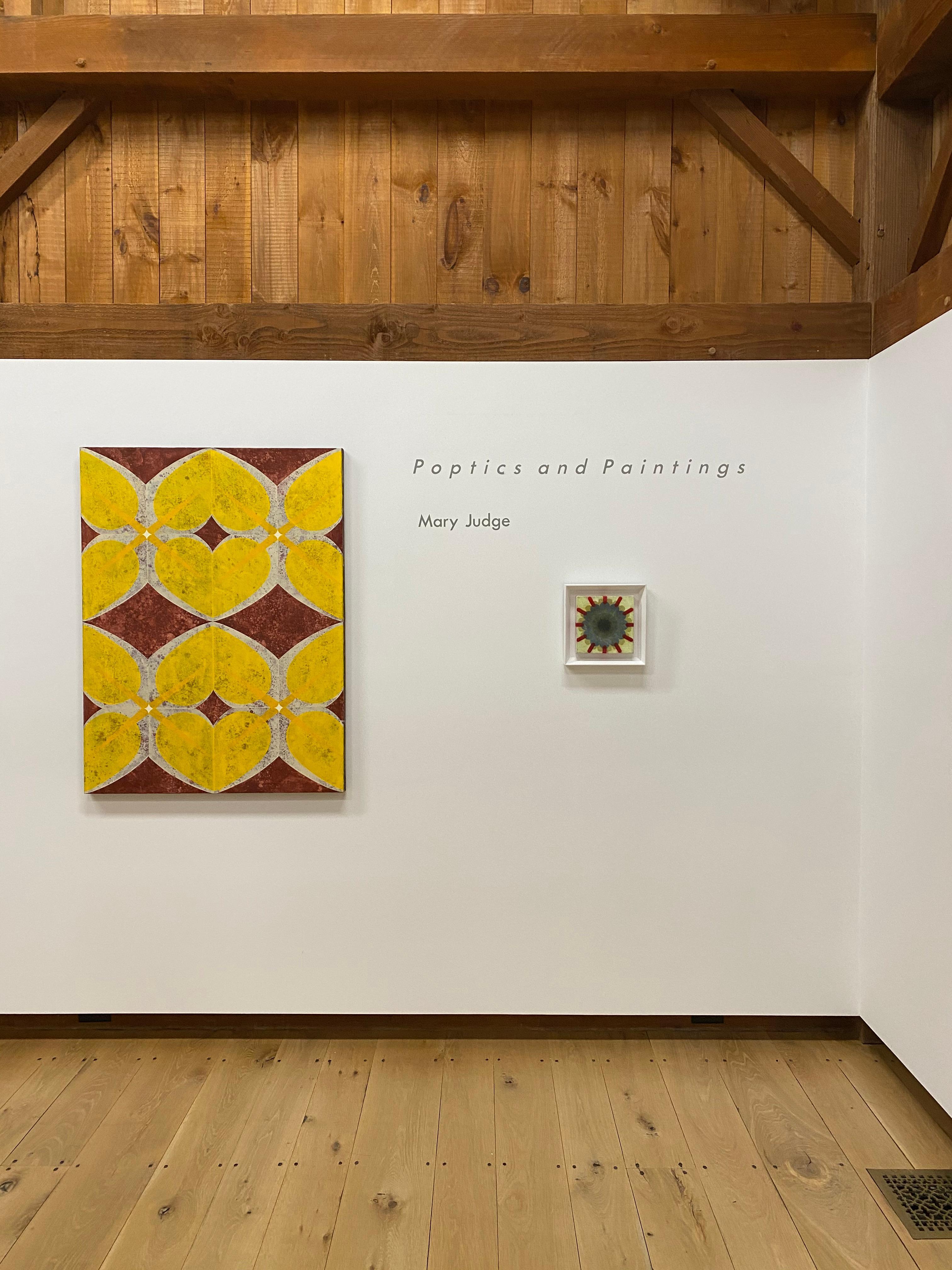 A yellow background is vibrant and bright, offsetting a layered, eye-catching geometric pattern in white and berry red with a mottled surface. Signed, dated and titled on verso.

Mary Judge is an artist in love with Italian art and traditional