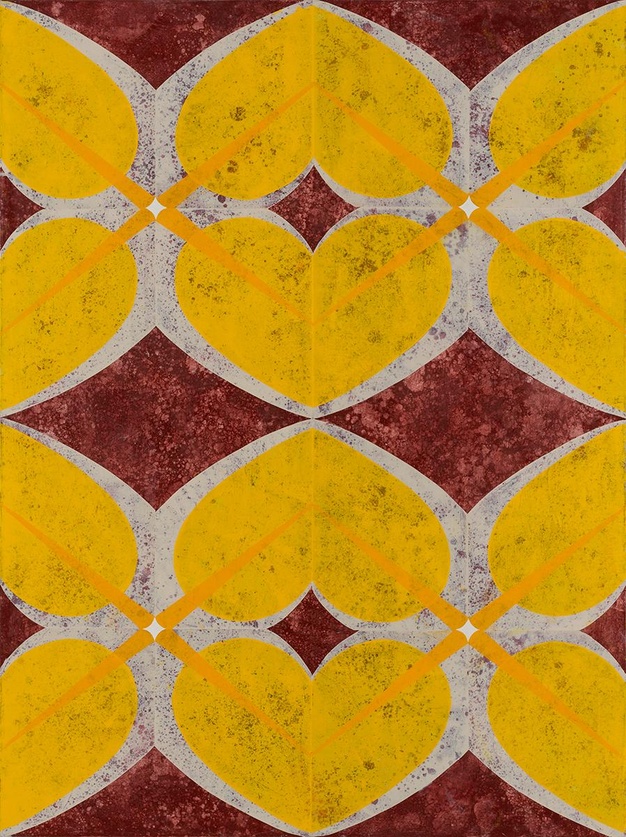 Mary Judge Abstract Painting - King of Daffs II, Golden Yellow, Garnet Red, White Geometric Pattern Painting