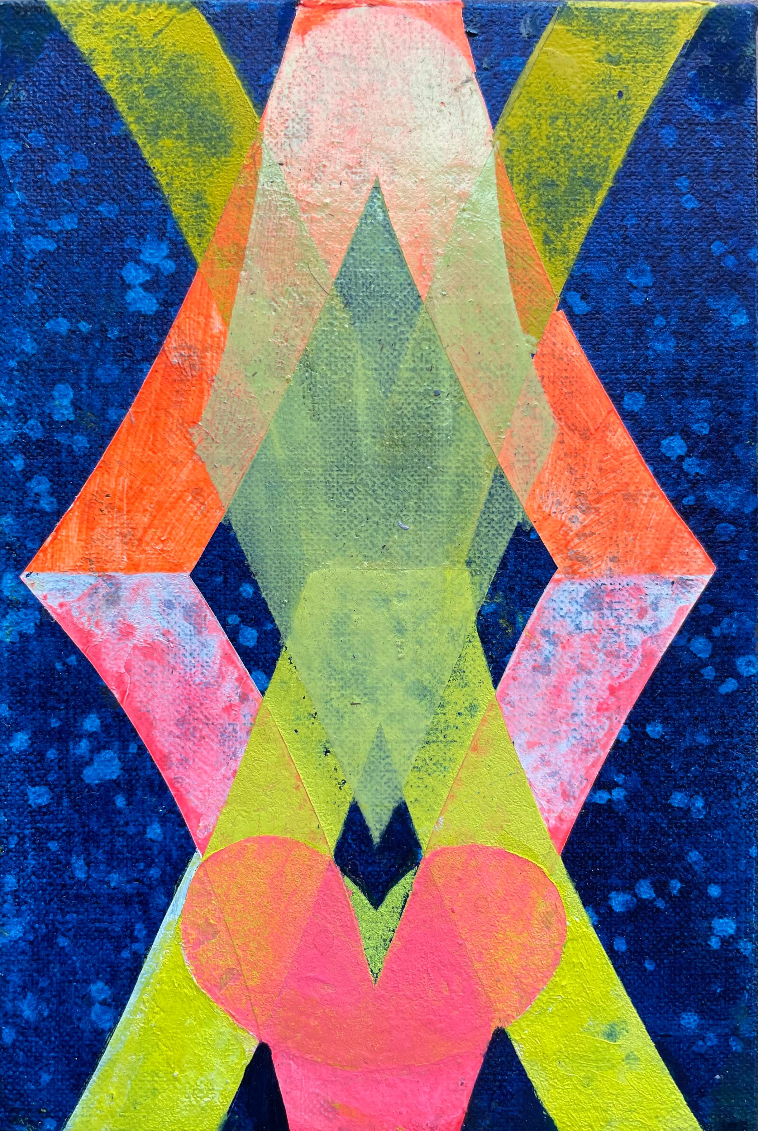 In this oil painting on linen, the neon yellow shape in the center is vibrant and bright, offsetting layered, eye-catching geometric forms in orange and fuchsia pink against a mottled brilliant blue background. Signed, dated and titled on verso.
