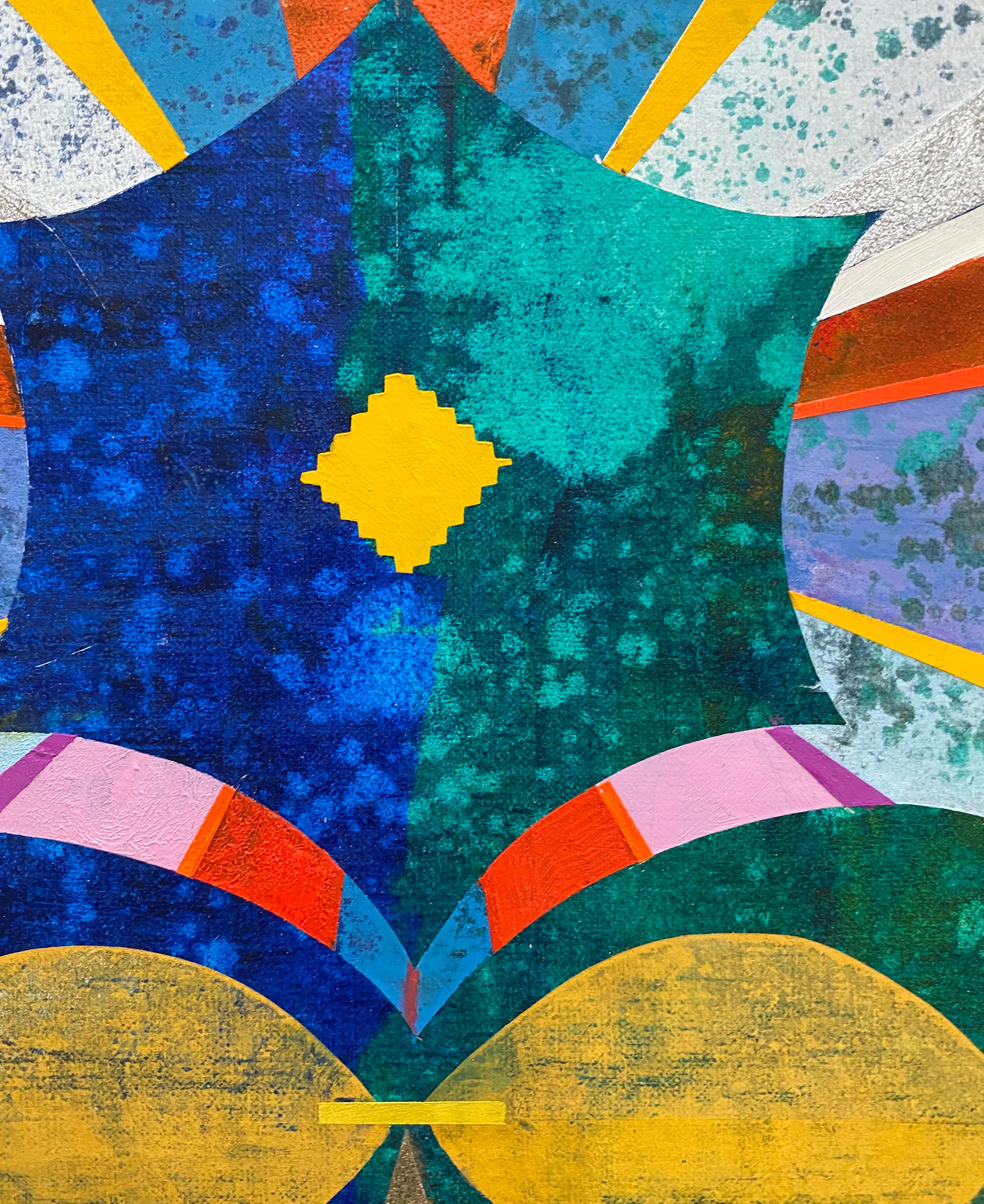 Impollinatore, Forme astratte geometriche, Blu, Verde, Rosso, Giallo senape, Rosa in vendita 1