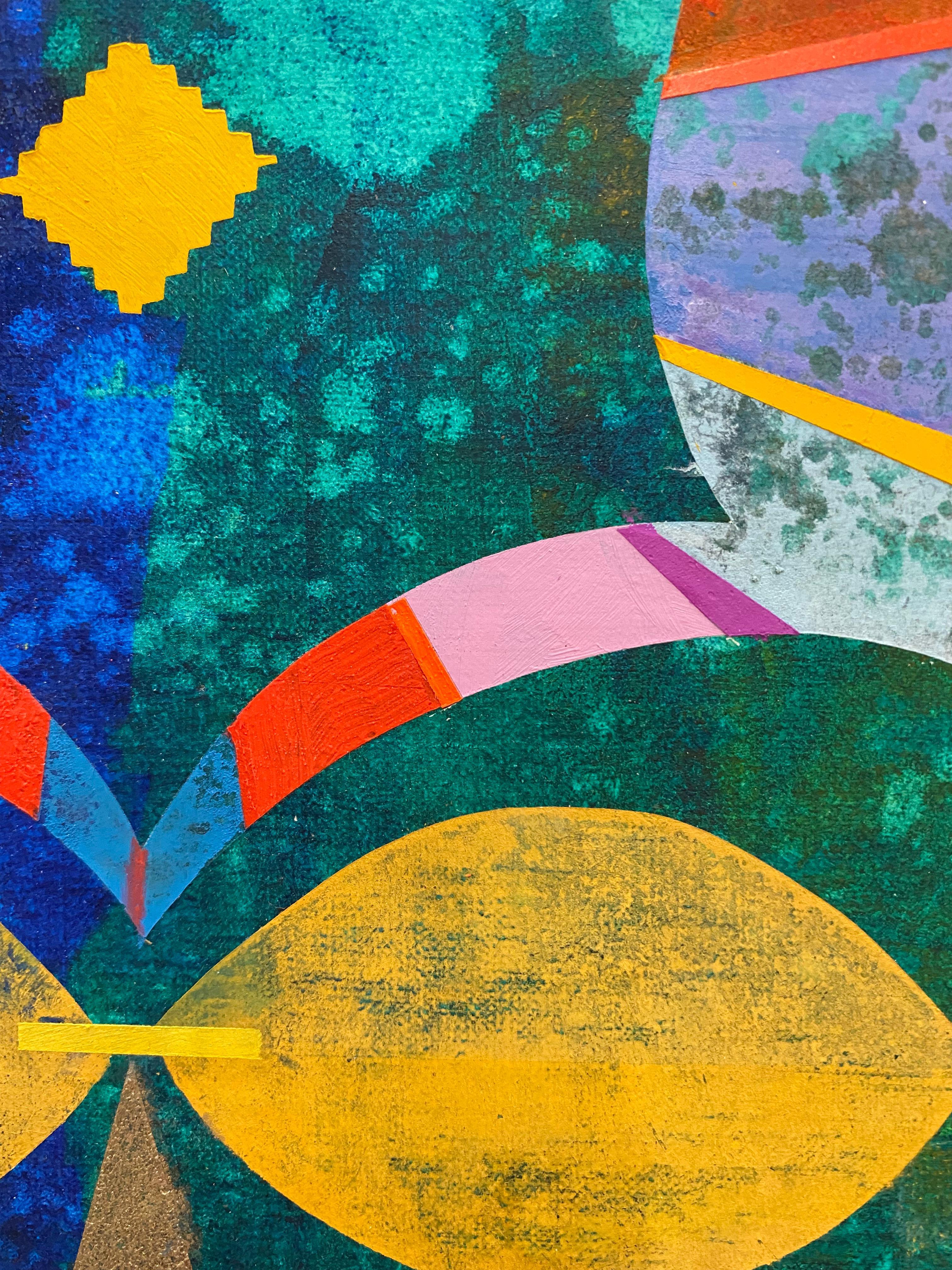 Impollinatore, Forme astratte geometriche, Blu, Verde, Rosso, Giallo senape, Rosa in vendita 2