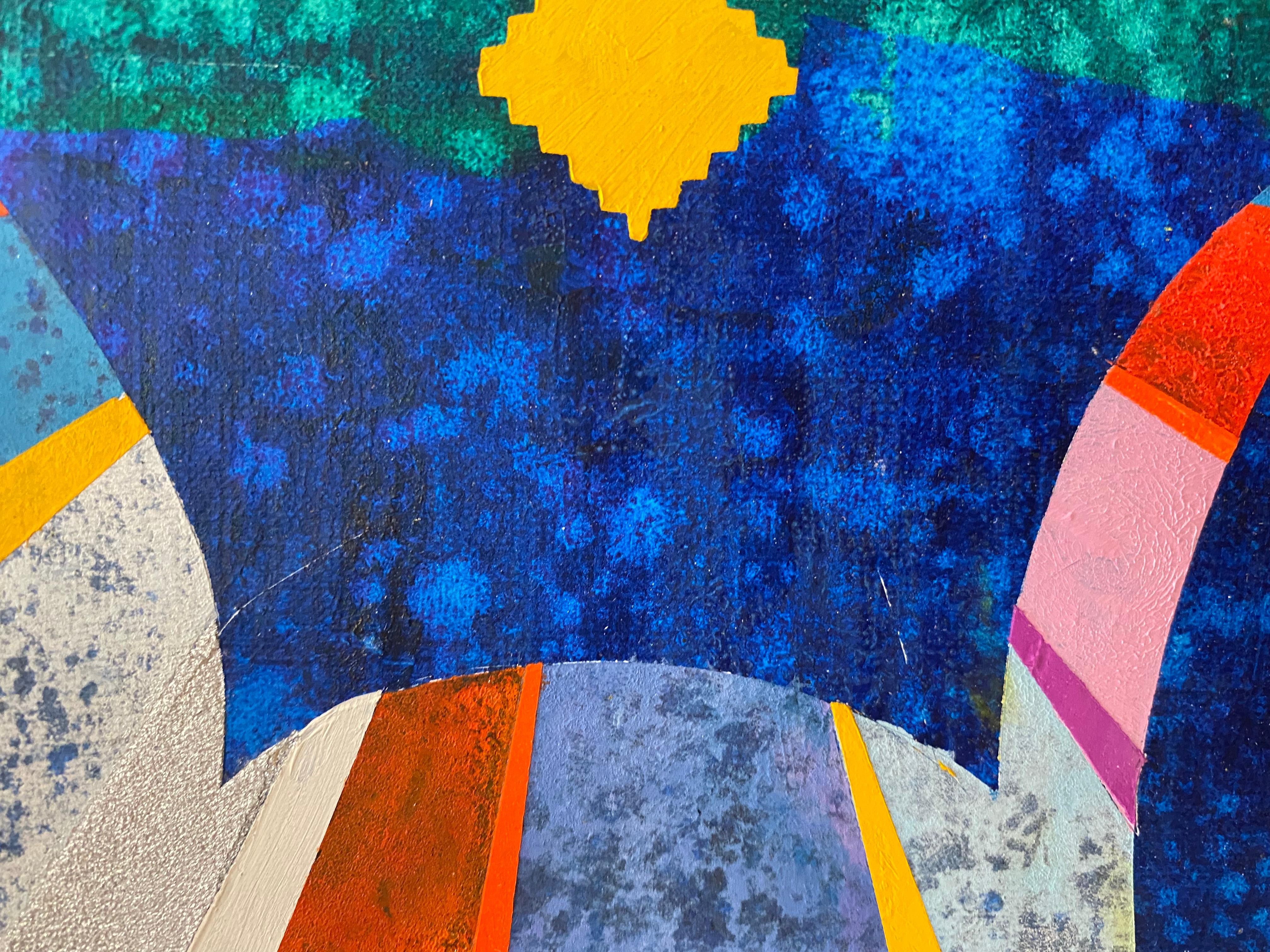 Impollinatore, Forme astratte geometriche, Blu, Verde, Rosso, Giallo senape, Rosa in vendita 3