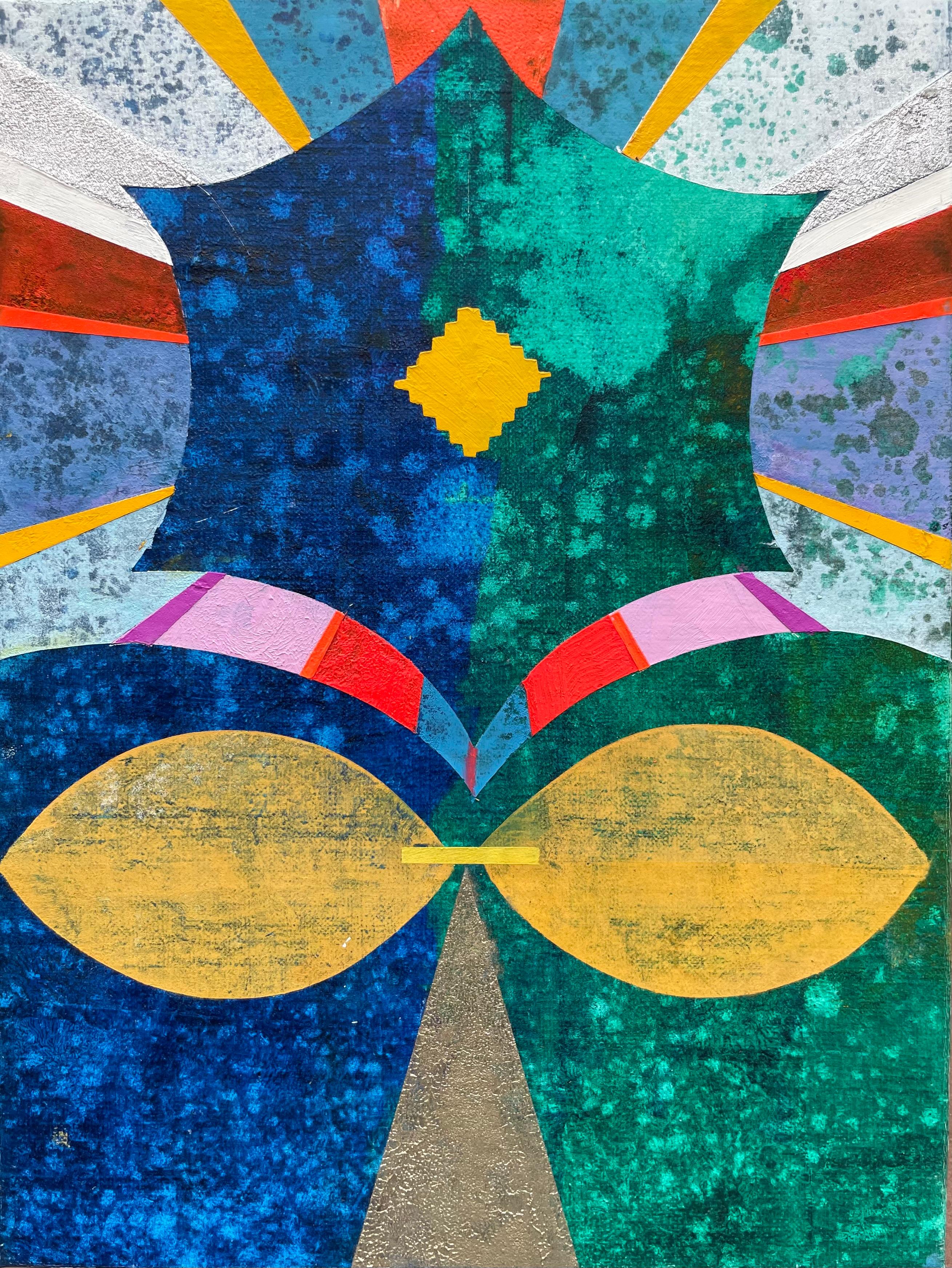 Abstract Painting di Mary Judge - Impollinatore, Forme astratte geometriche, Blu, Verde, Rosso, Giallo senape, Rosa