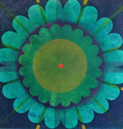 Untitled, Square Painting, Teal Green Circle Mandala Shape, Navy Blue, Neon Red