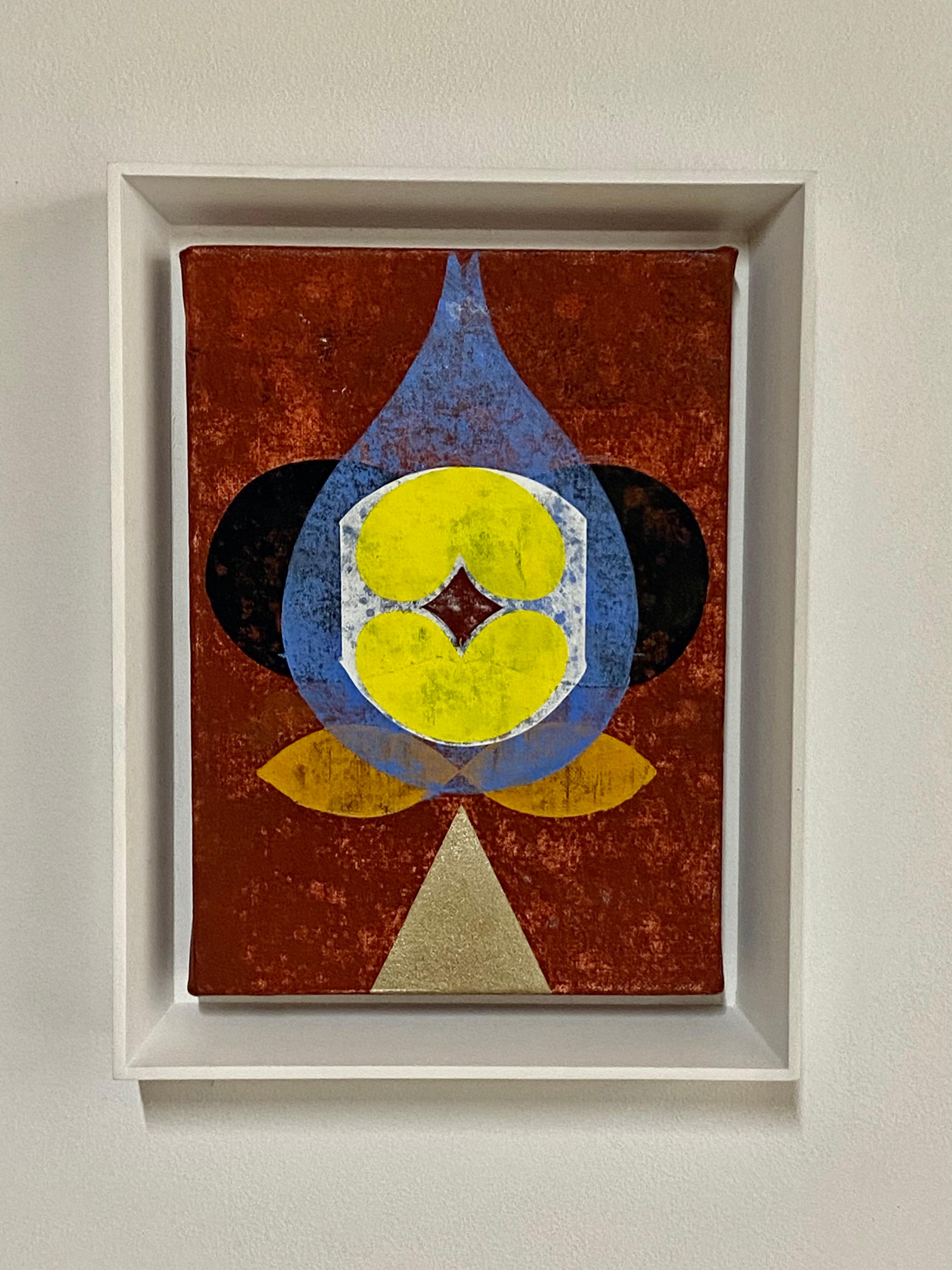 Bubbledrop giallo - Pittura a olio astratta geometrica contemporanea, marrone, giallo - Painting di Mary Judge