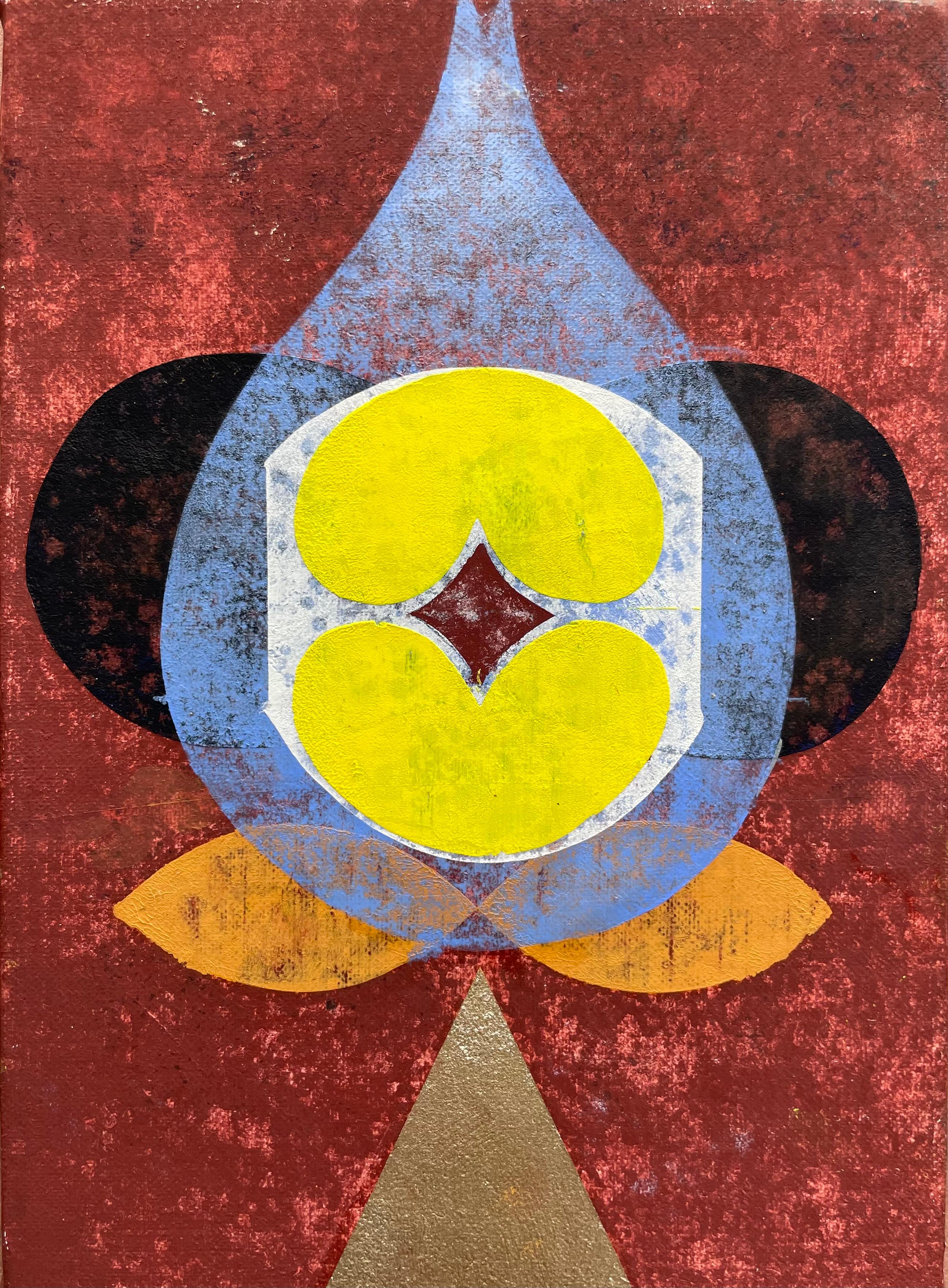 Abstract Painting di Mary Judge - Bubbledrop giallo - Pittura a olio astratta geometrica contemporanea, marrone, giallo