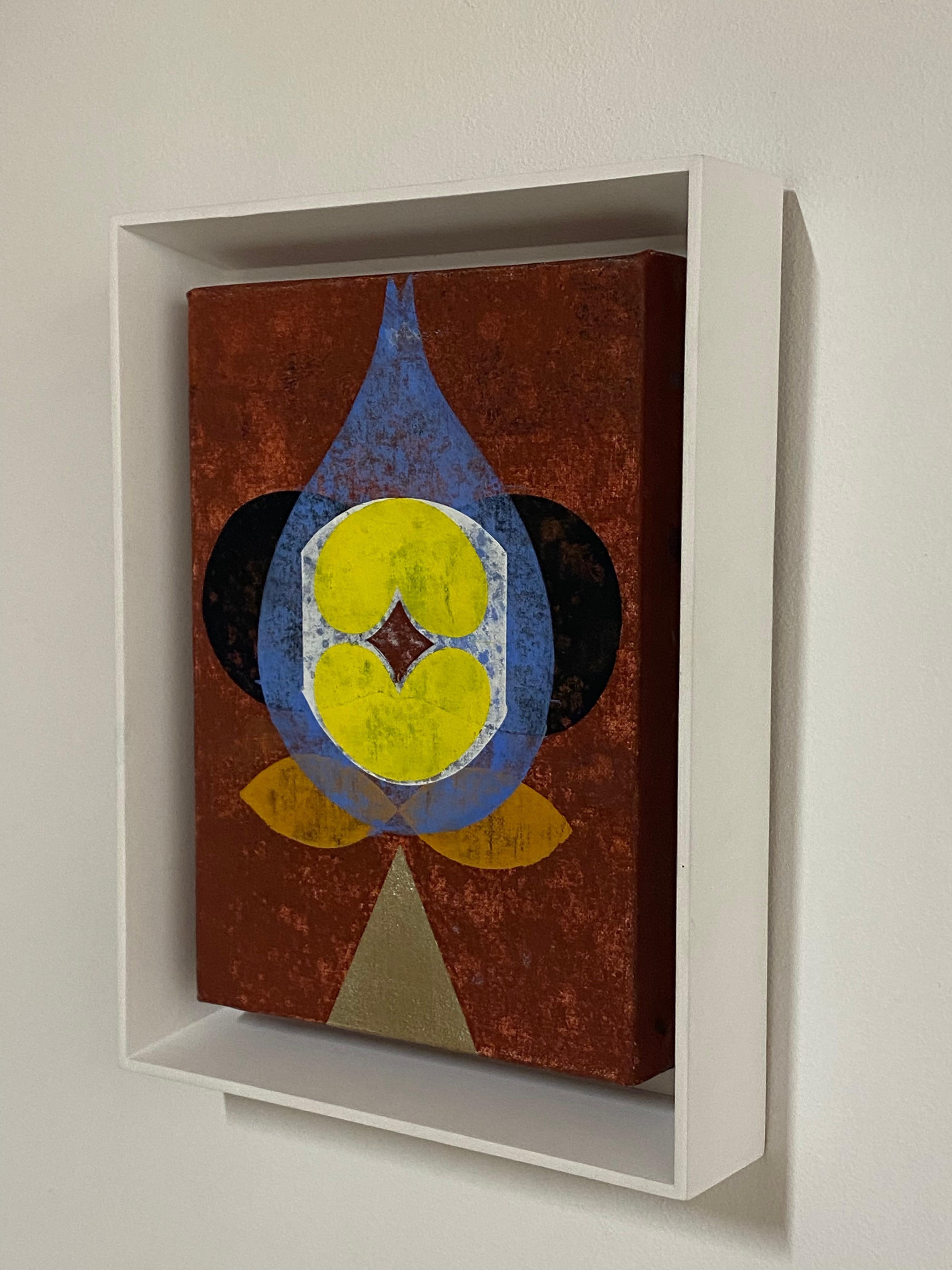 Peinture géométrique abstraite jaune goutte d'eau, jaune, bourgogne foncée, bleu en vente 2
