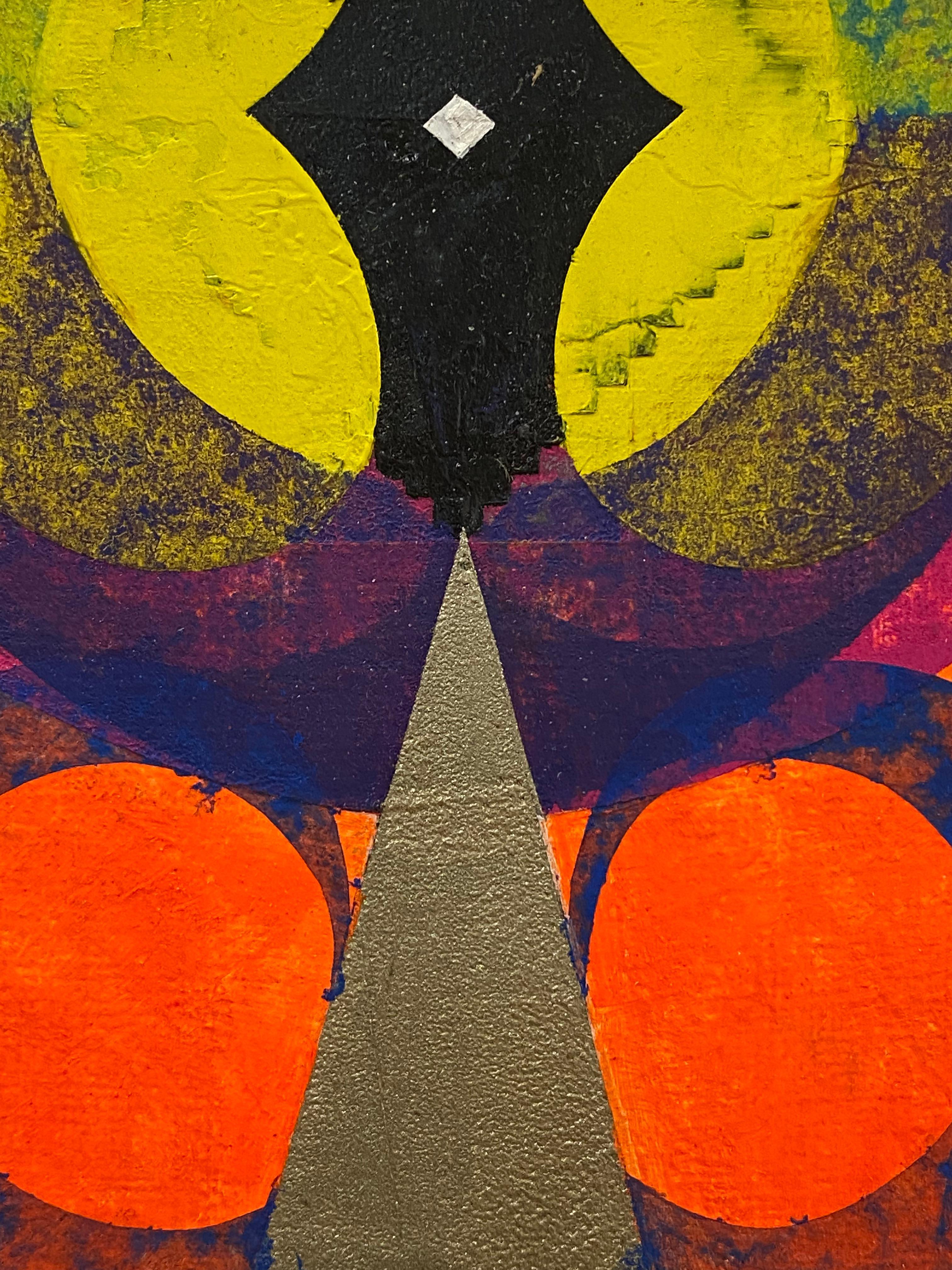 Gemelli gialli - Pittura astratta geometrica giallo neon rosso arancio blu, 2020 in vendita 1