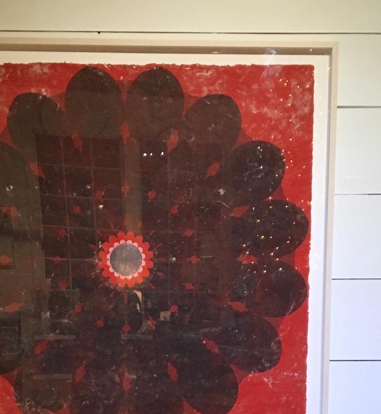 Rose Window 53, Large, Botanical Mandala Relief Print, Dark Grey on Red Paper For Sale 1