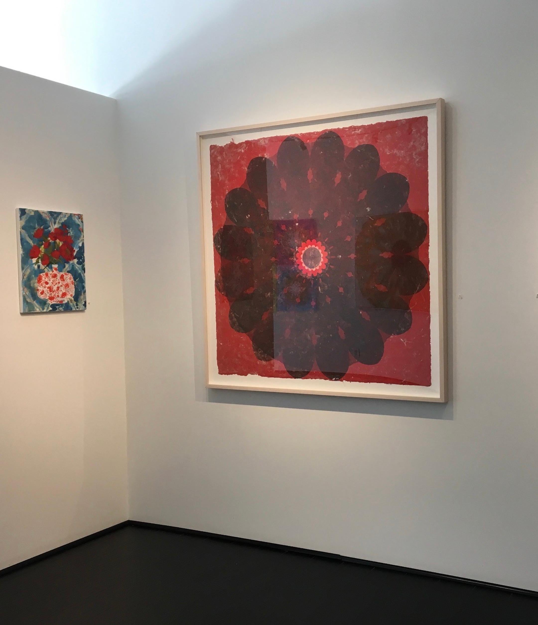 Rose Window 53, Large, Botanical Mandala Relief Print, Dark Grey on Red Paper For Sale 2