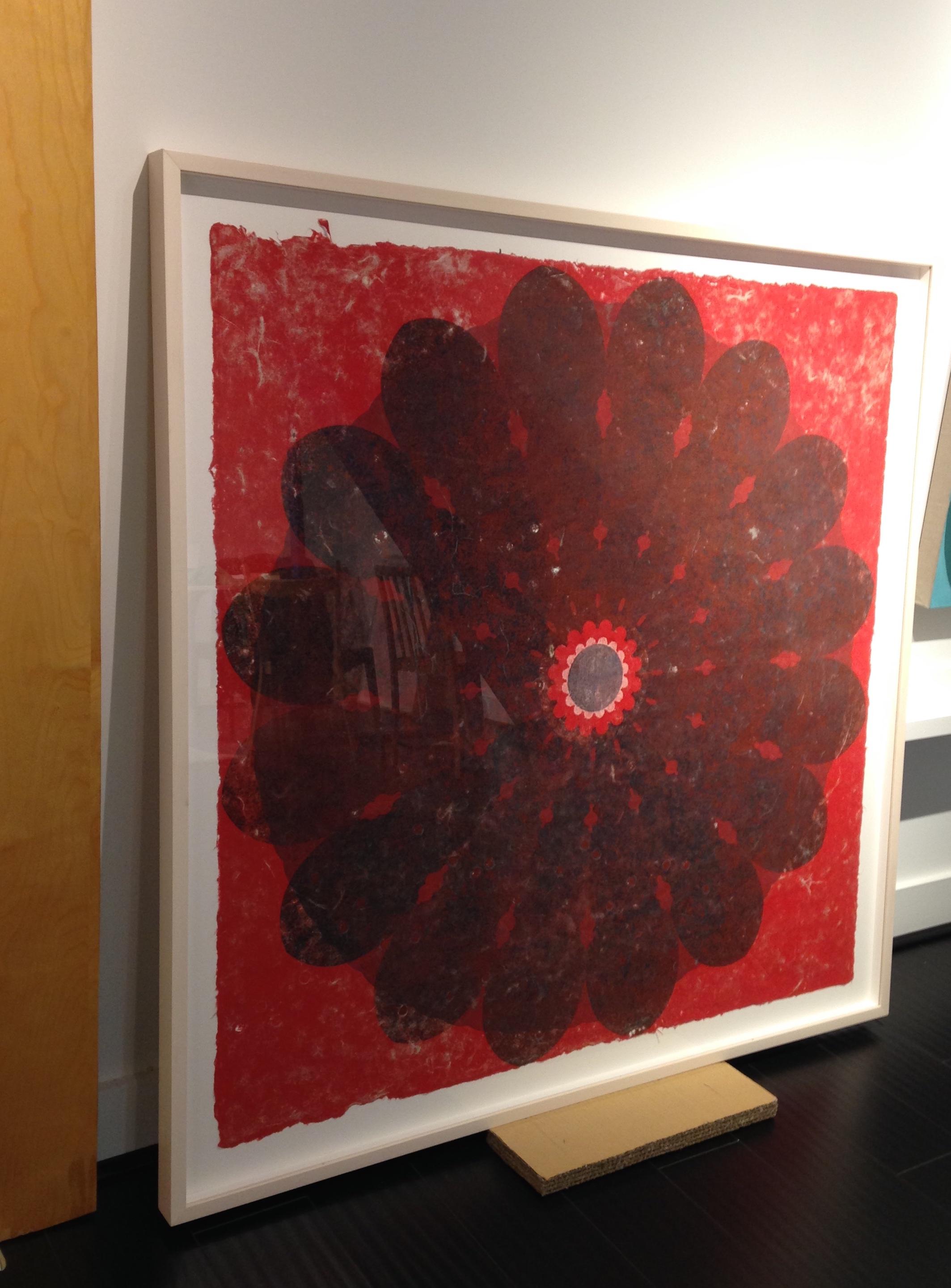 Rose Window 53, Large, Botanical Mandala Relief Print, Dark Grey on Red Paper For Sale 3