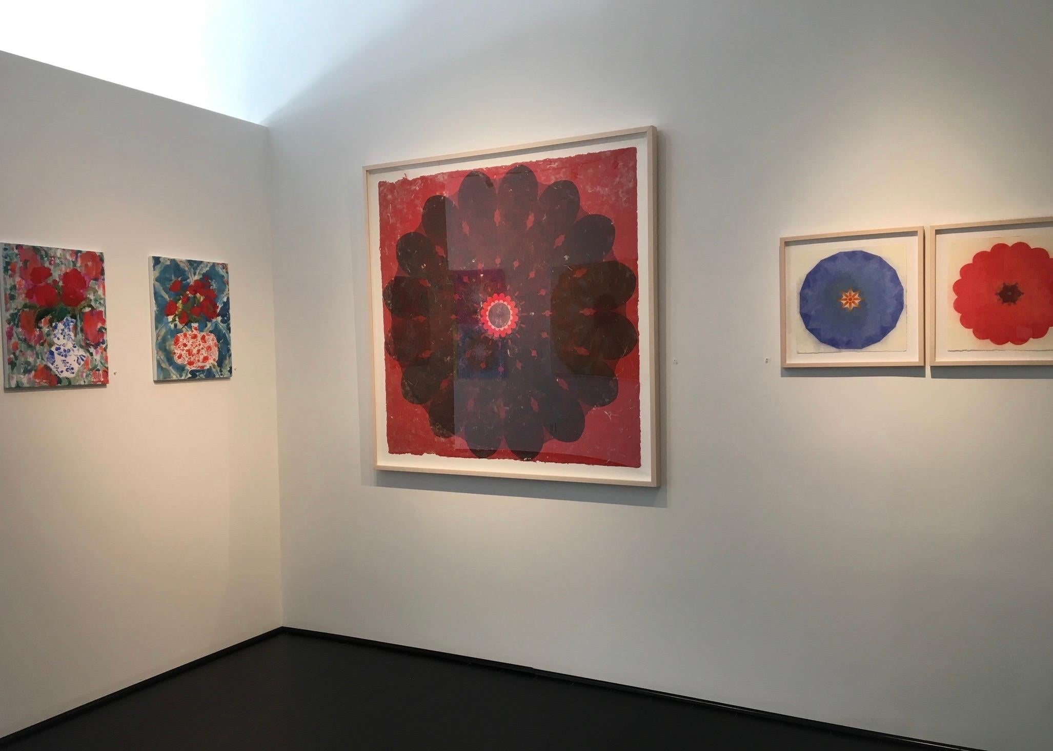 Rose Window 53, Large, Botanical Mandala Relief Print, Dark Grey on Red Paper For Sale 4
