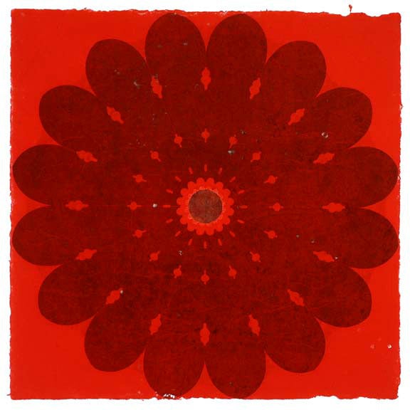 Mary Judge Abstract Print - Rose Window 53, Large, Botanical Mandala Relief Print, Dark Grey on Red Paper