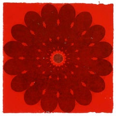 Rose Window 53, Large, Botanical Mandala Relief Print, Dark Grey on Red Paper