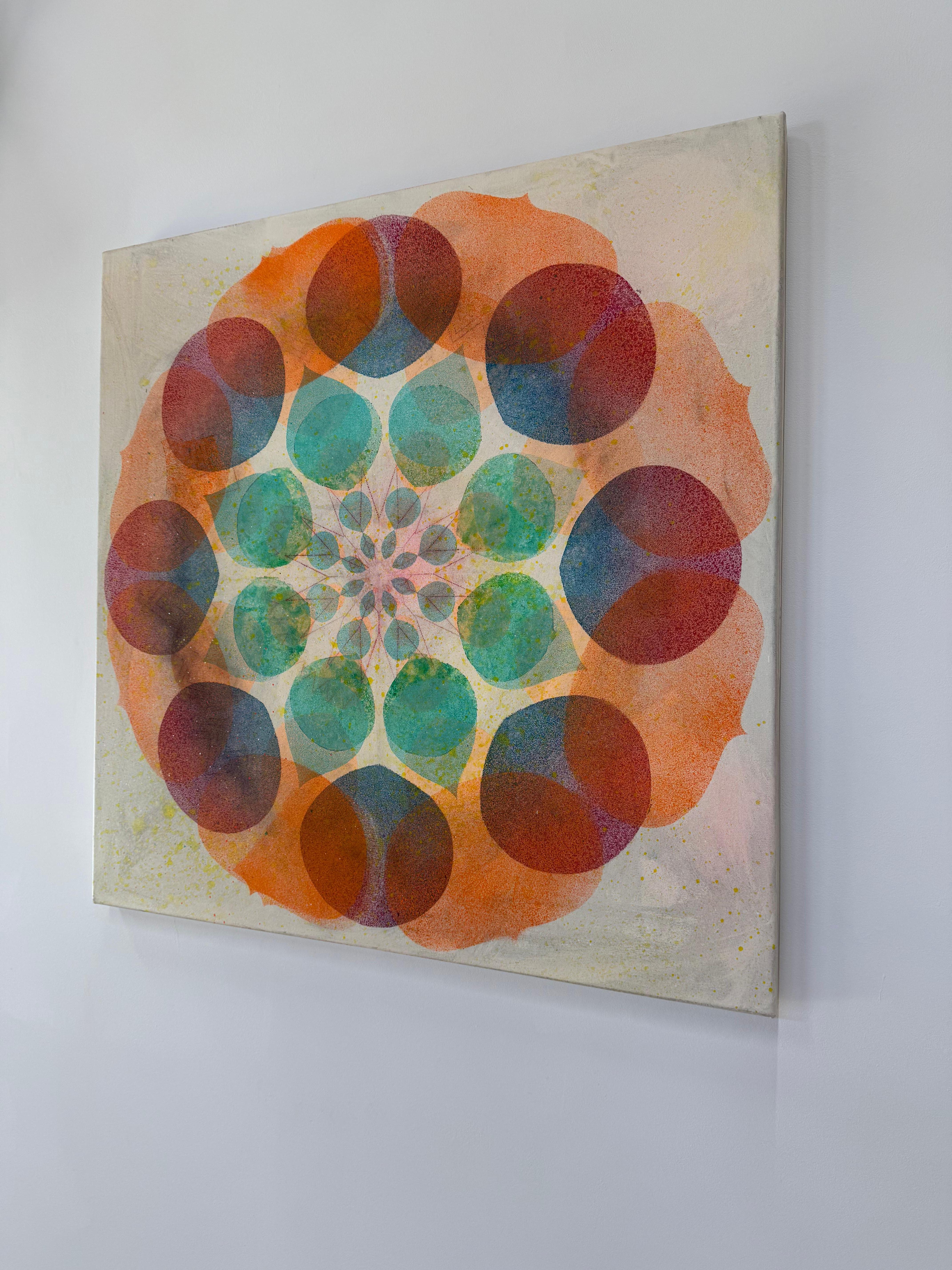 Kaleidoskop Korallenriff - Orange-Blau Geometrisches Blumen-Kreis-Mandala, 2025 – Painting von Mary Judge