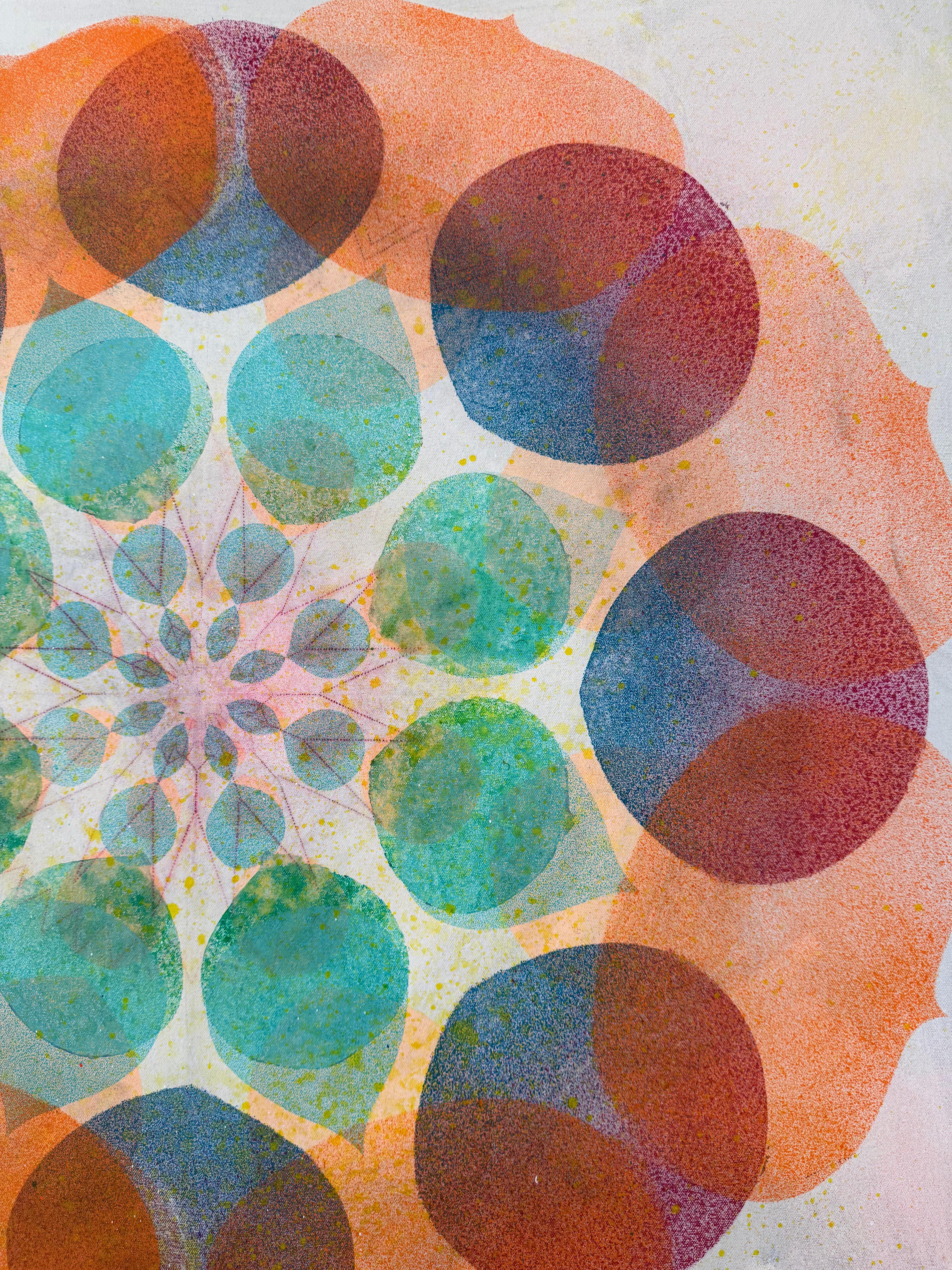 Kaleidoskop Korallenriff - Orange-Blau Geometrisches Blumen-Kreis-Mandala, 2025 im Angebot 3