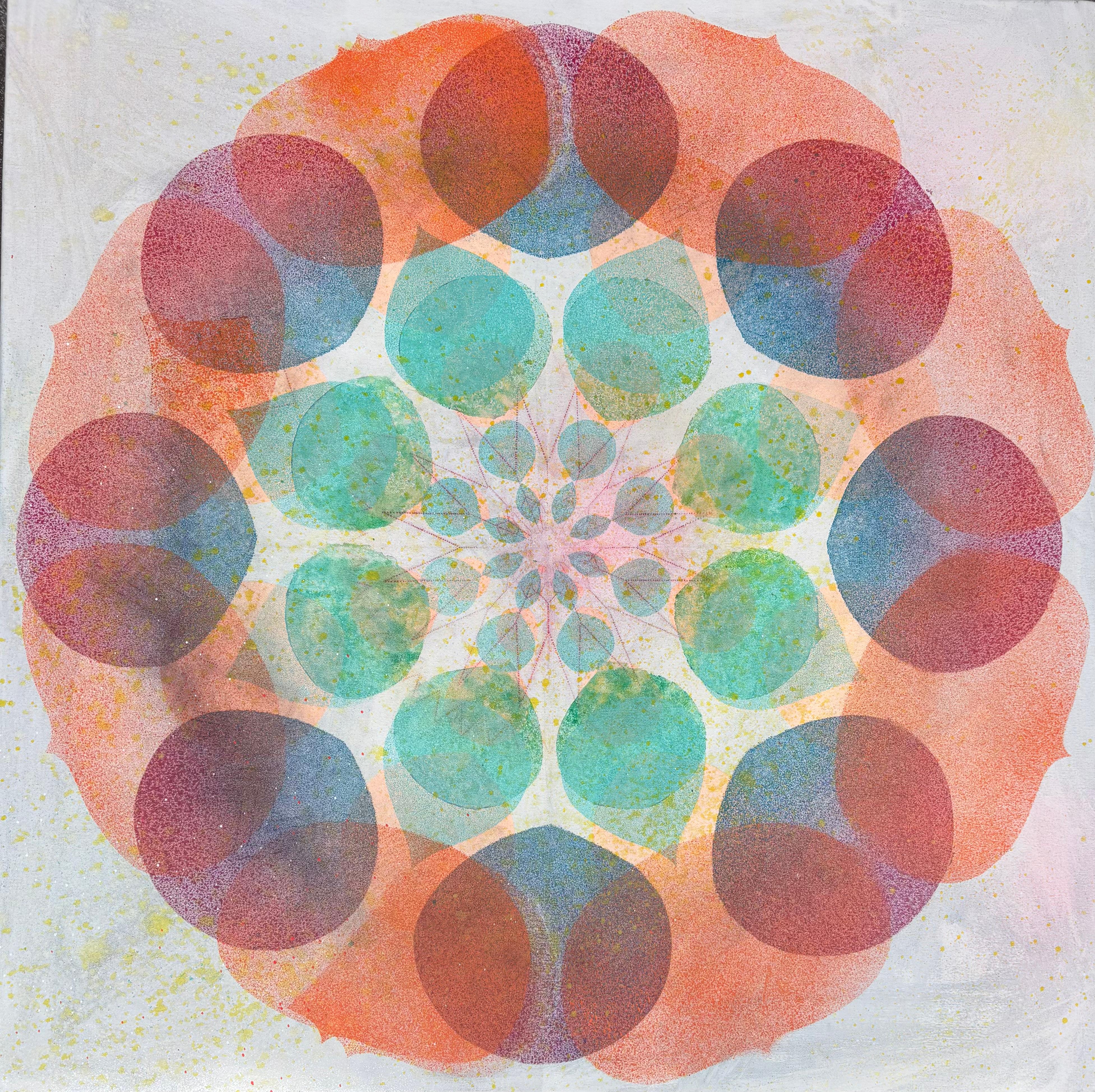 Kaleidoscope Coral Reef - Orange Blue Geometric Flower Circle Mandala, 2025