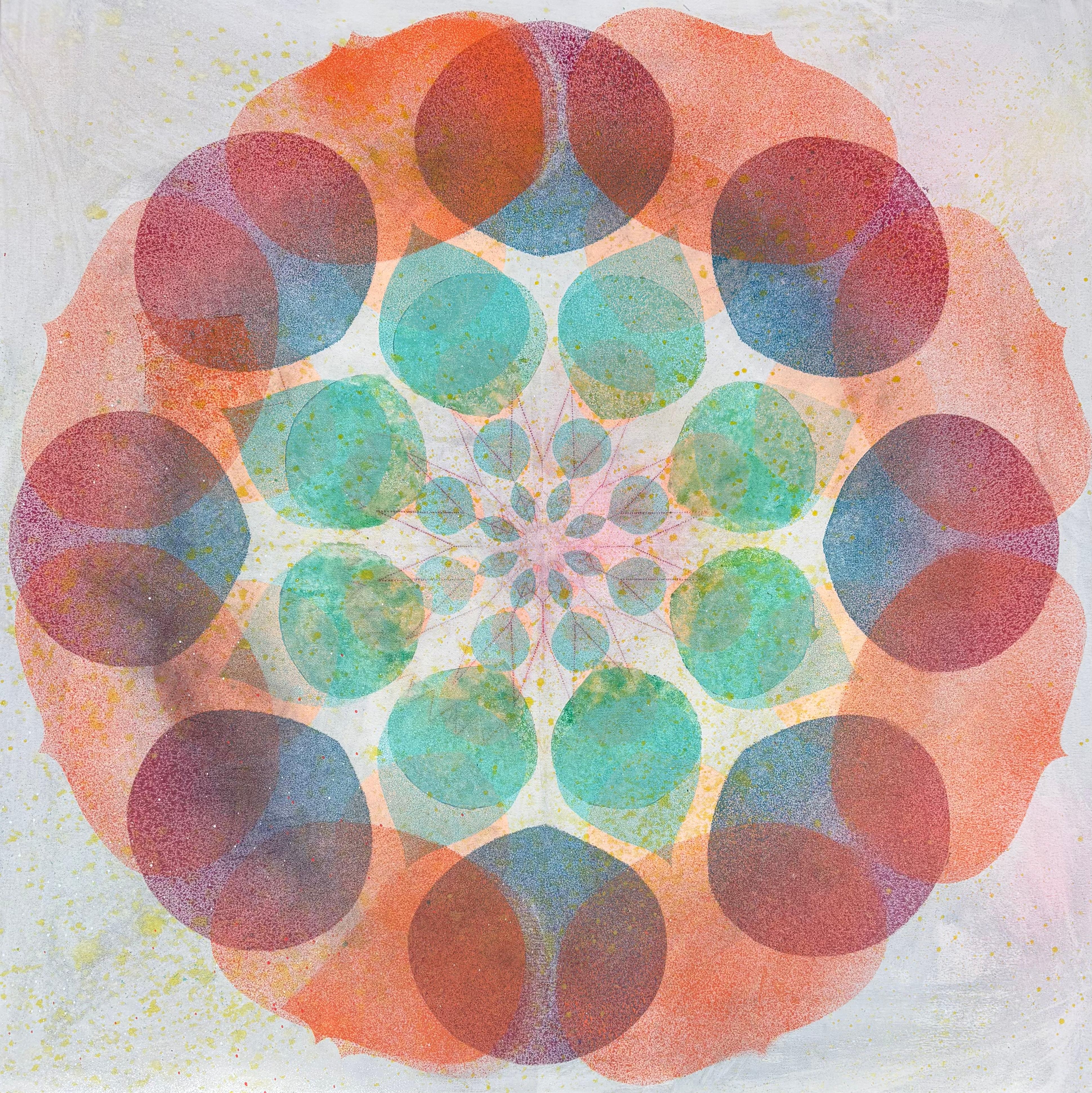 Kaléidoscope Coral Reef - Mandala géométrique en forme de cercle de fleurs orange et bleu, 2025