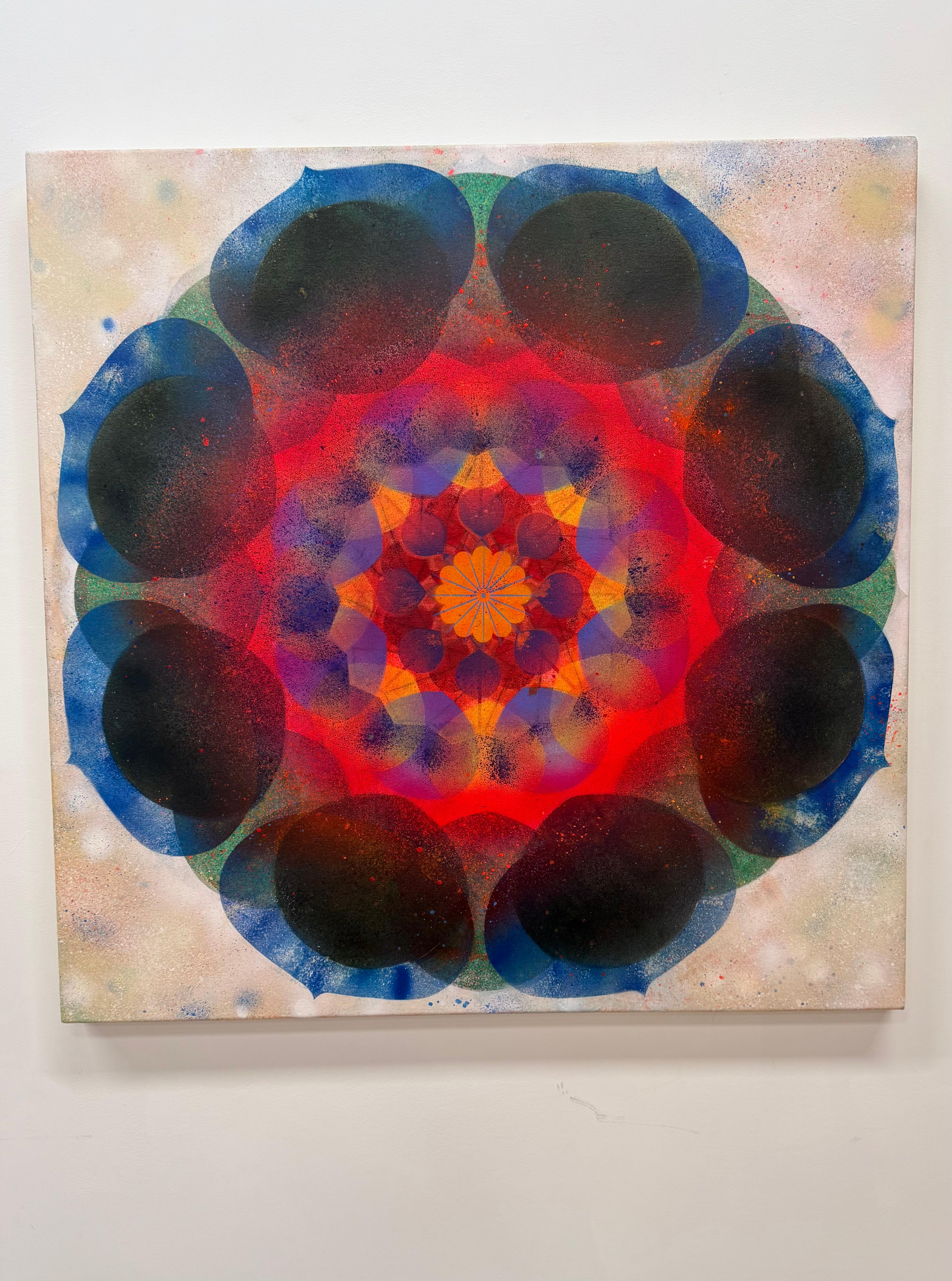 Kaleidoscope - Neon Pink Blue Yellow Geometric Flower Circle Mandala, 2025 - Painting by Mary Judge