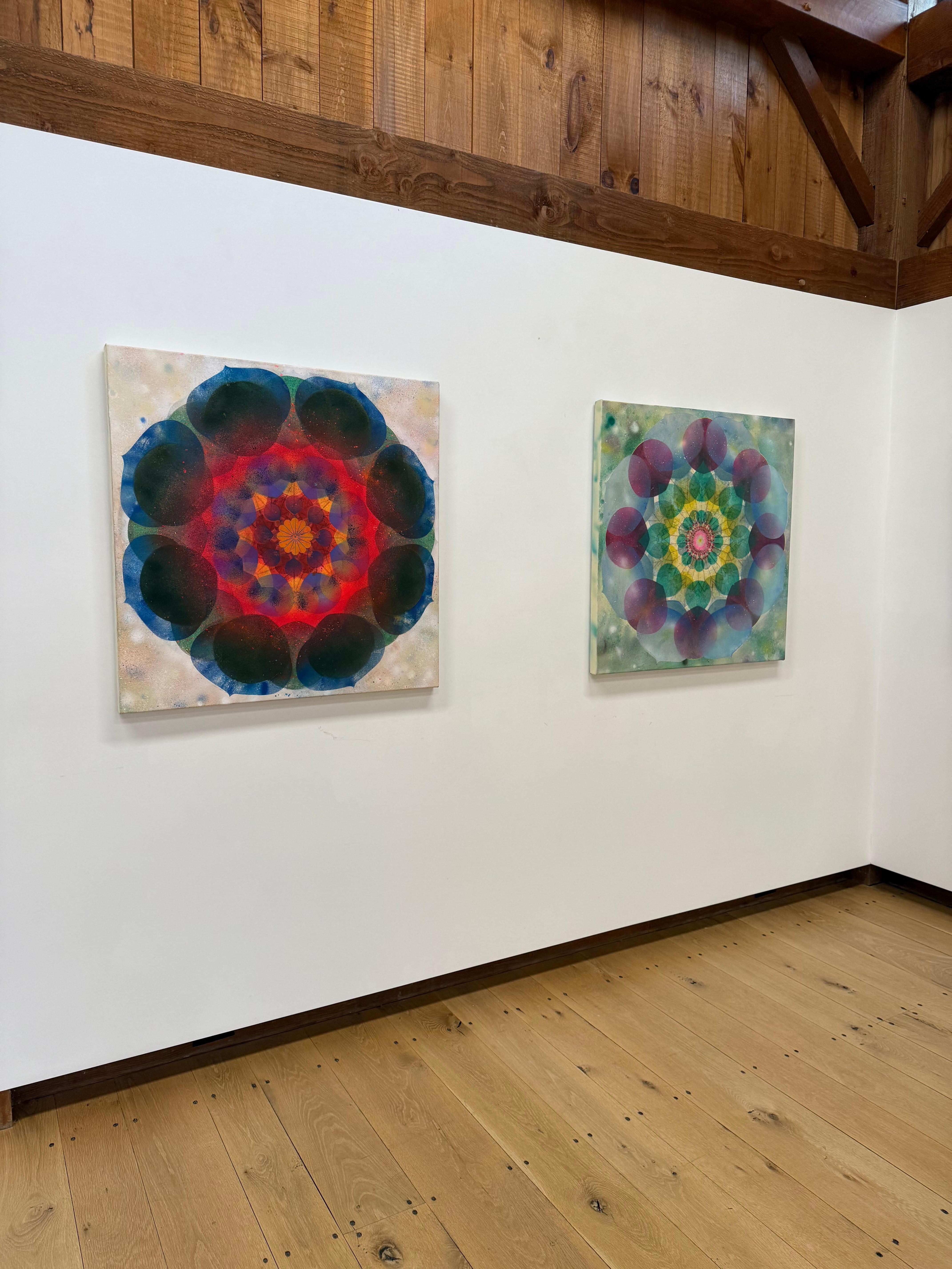Kaleidoscope - Neon Pink Blue Yellow Geometric Flower Circle Mandala, 2025 - Contemporary Painting by Mary Judge