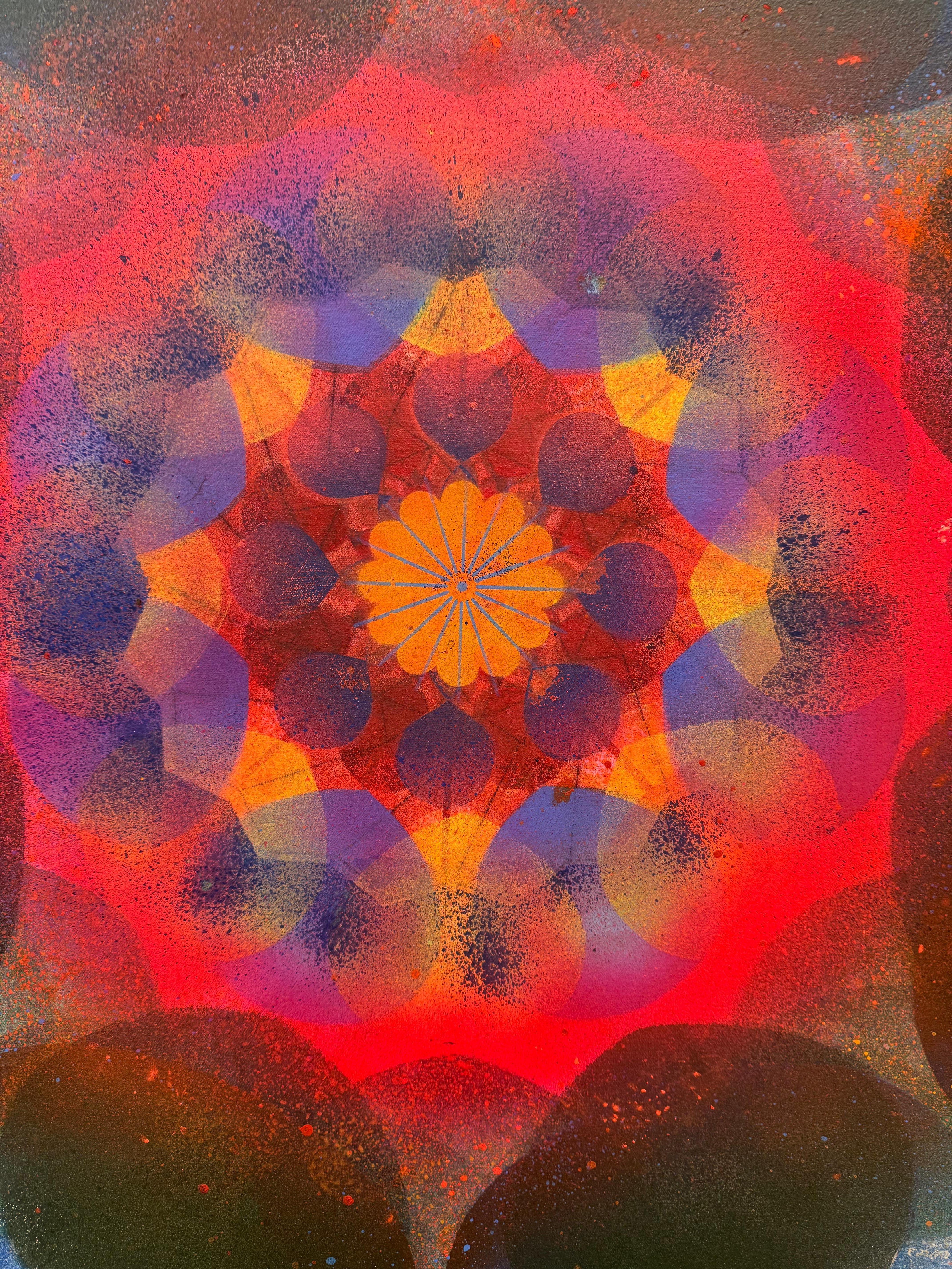 Kaleidoscope - Neon Pink Blue Yellow Geometric Flower Circle Mandala, 2025 - Brown Abstract Painting by Mary Judge