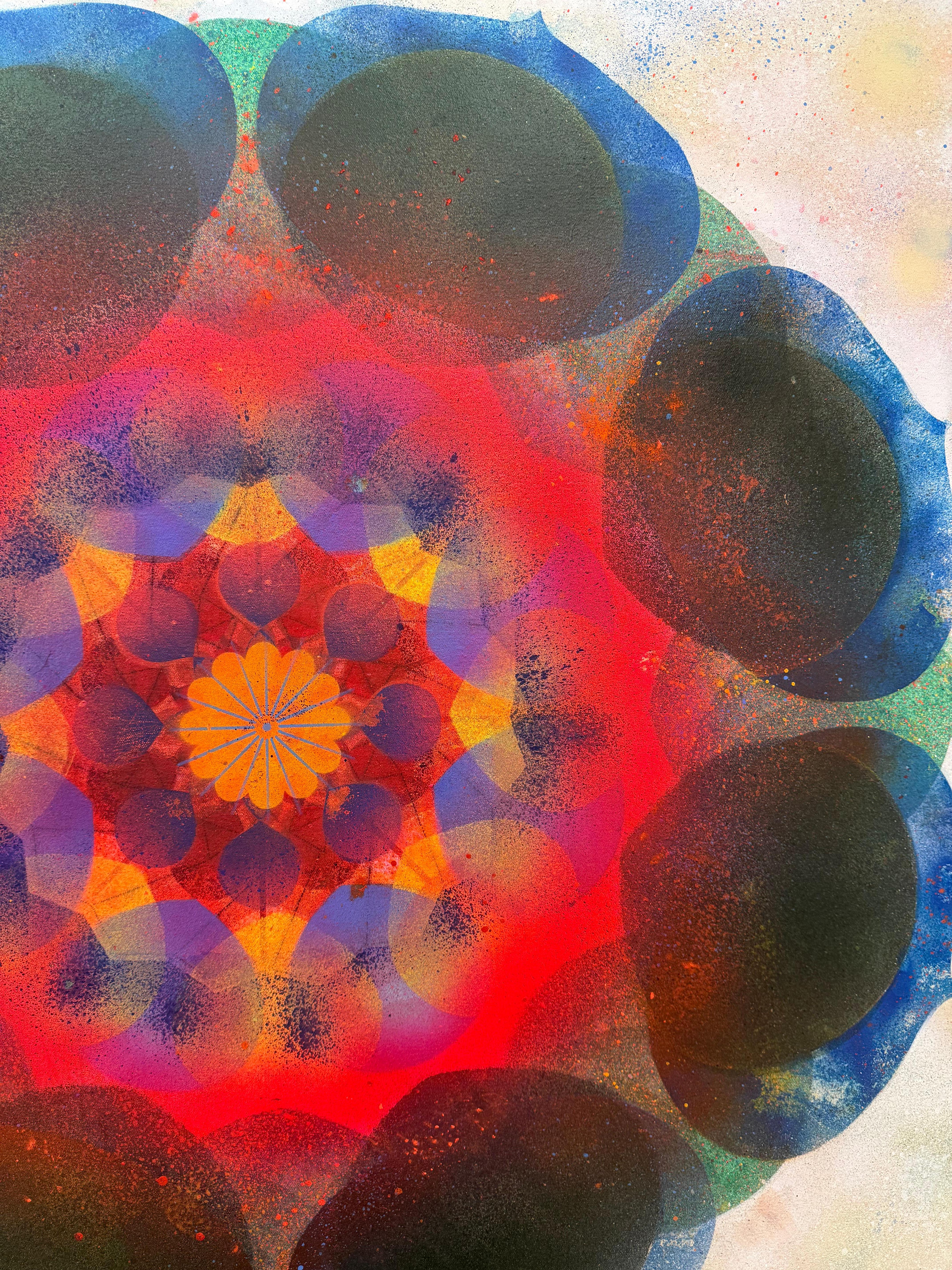 Kaleidoscope - Neon Pink Blue Yellow Geometric Flower Circle Mandala, 2025 For Sale 1