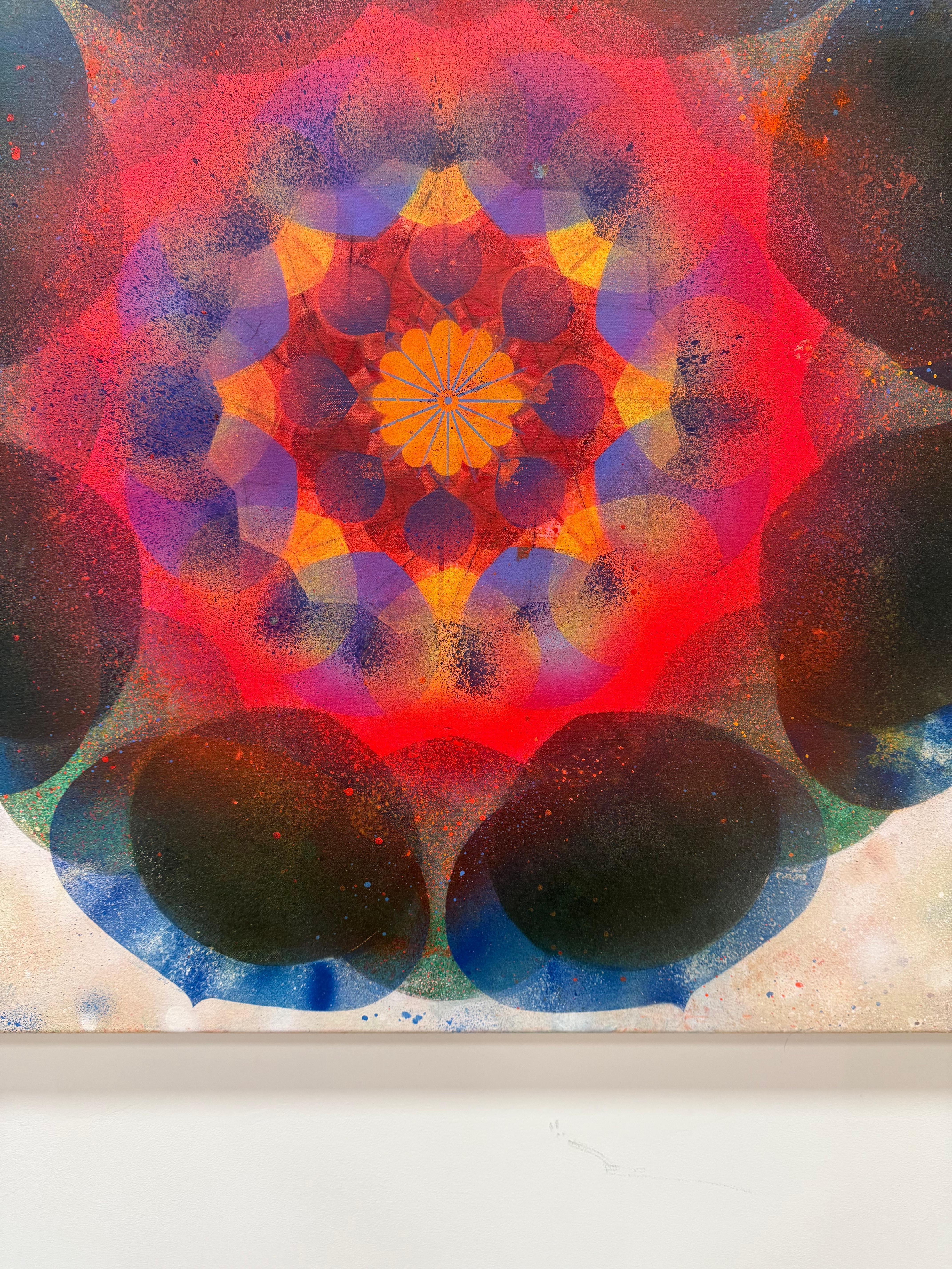Kaleidoscope - Neon Pink Blue Yellow Geometric Flower Circle Mandala, 2025 For Sale 4