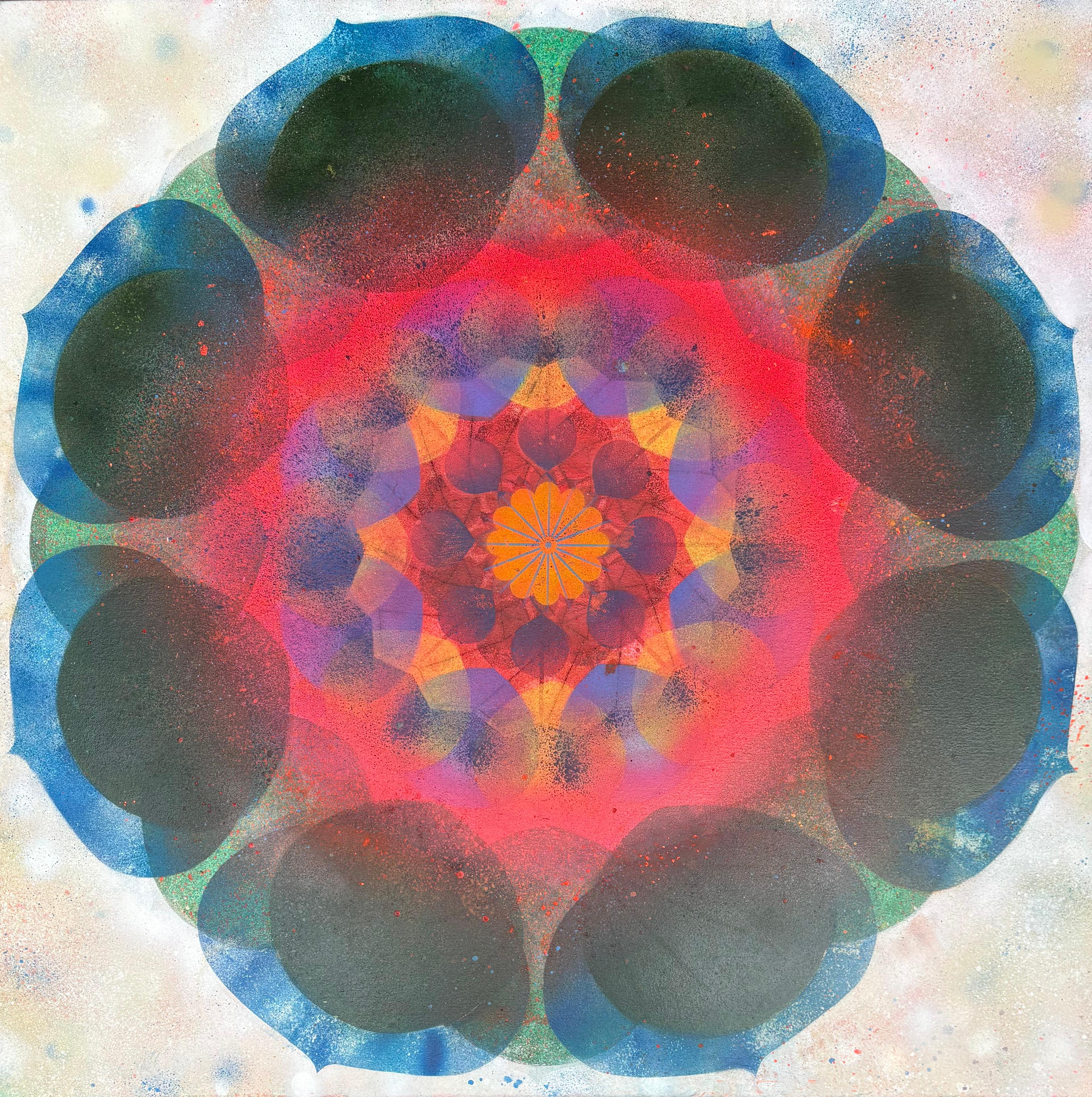 Mary Judge Abstract Painting - Kaleidoscope - Neon Pink Blue Yellow Geometric Flower Circle Mandala, 2025