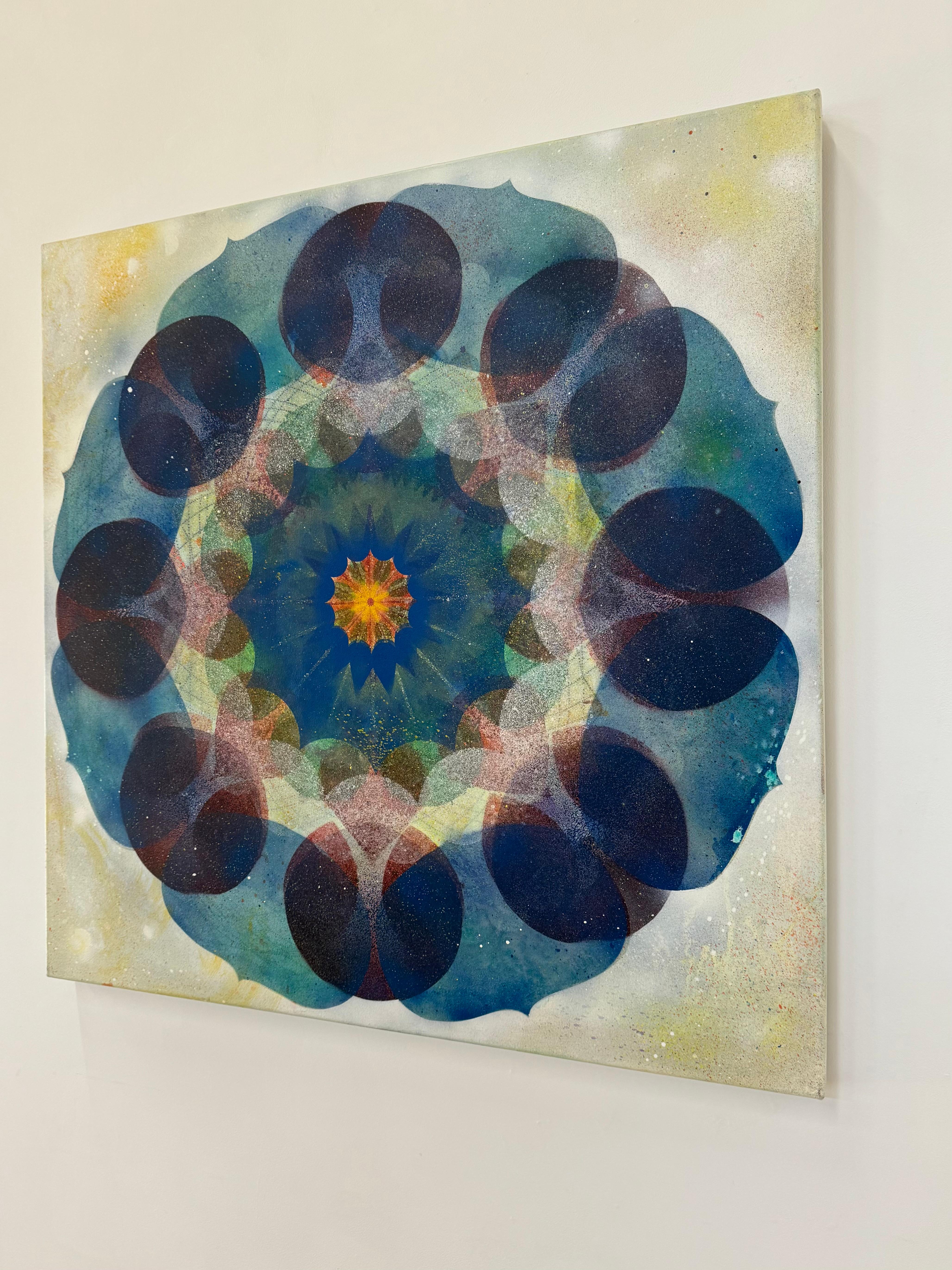 Kaleidoscope Pop Blue Haze - Violet Cerulean Geometric Flower Circle Mandala For Sale 7