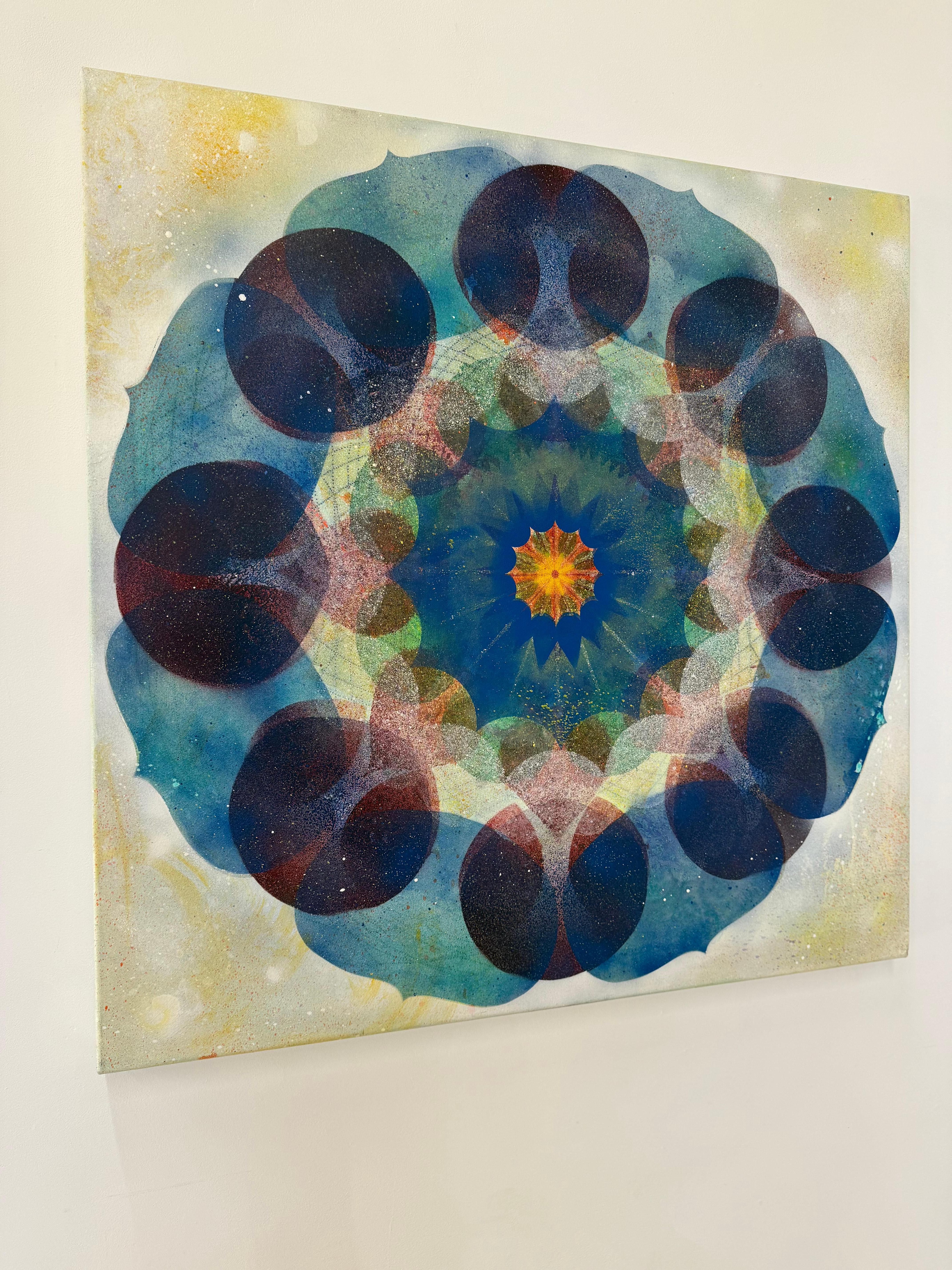 Kaleidoscope Pop Blue Haze - Violet Cerulean Geometric Flower Circle Mandala - Painting by Mary Judge