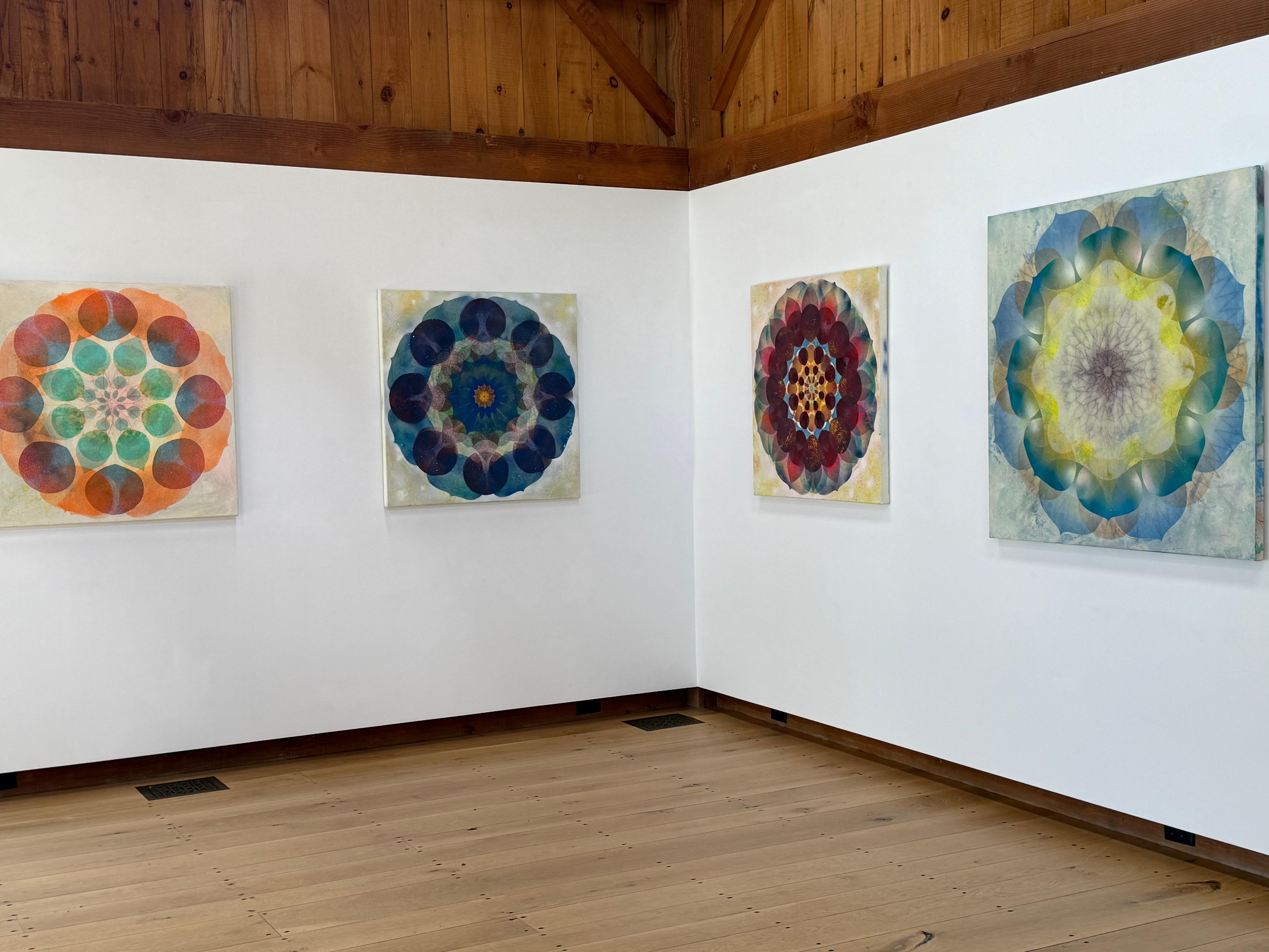Kaleidoscope Pop Blue Haze - Violet Cerulean Geometric Flower Circle Mandala - Contemporary Painting by Mary Judge