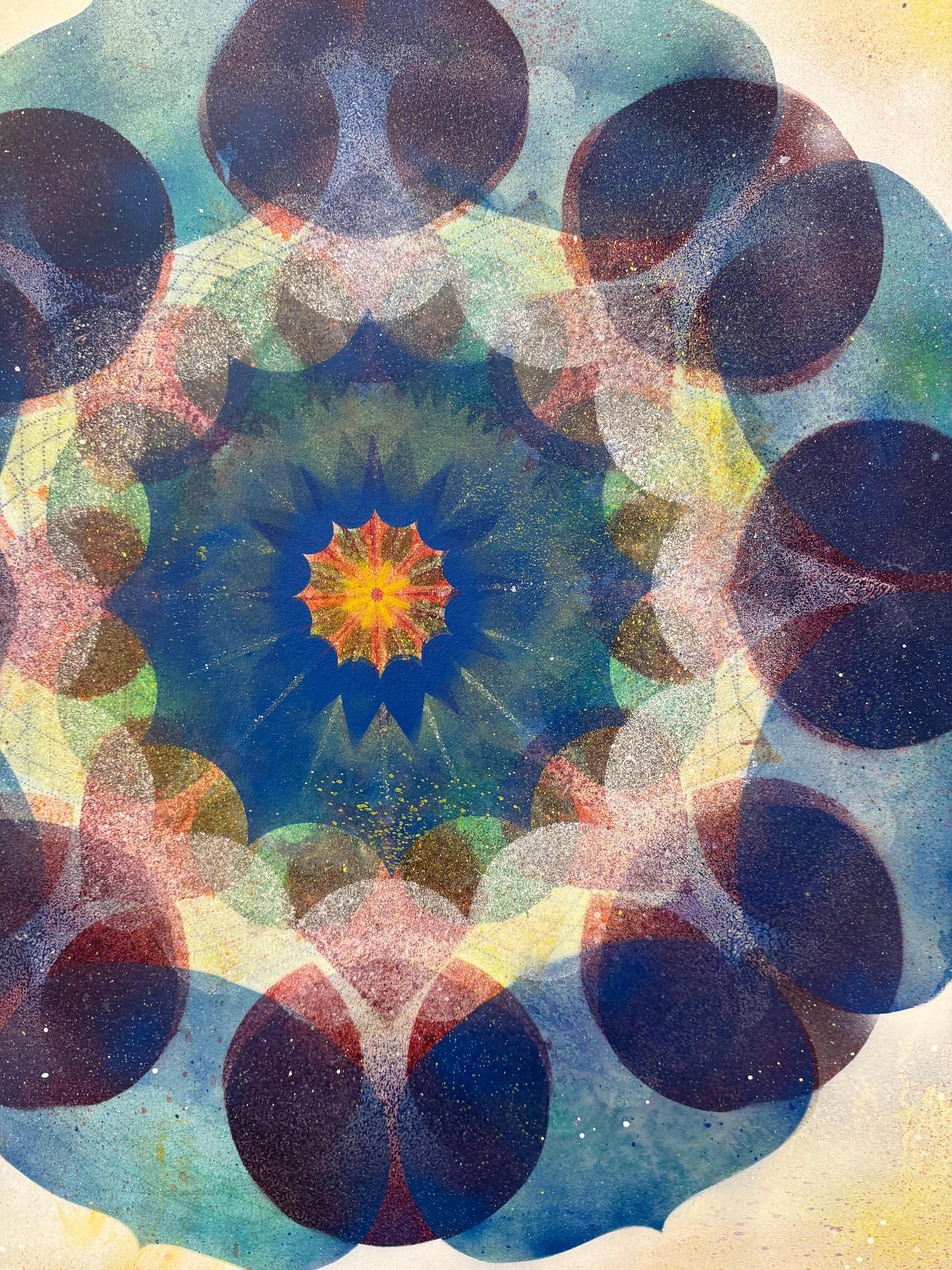 Contemporary abstract painting in acrylic and pigment on canvas with a geometric flower mandala made of layered shapes in shade of blue and violet in an intricately layered design. The combination of the ordered symmetry and the rich, vibrant colors