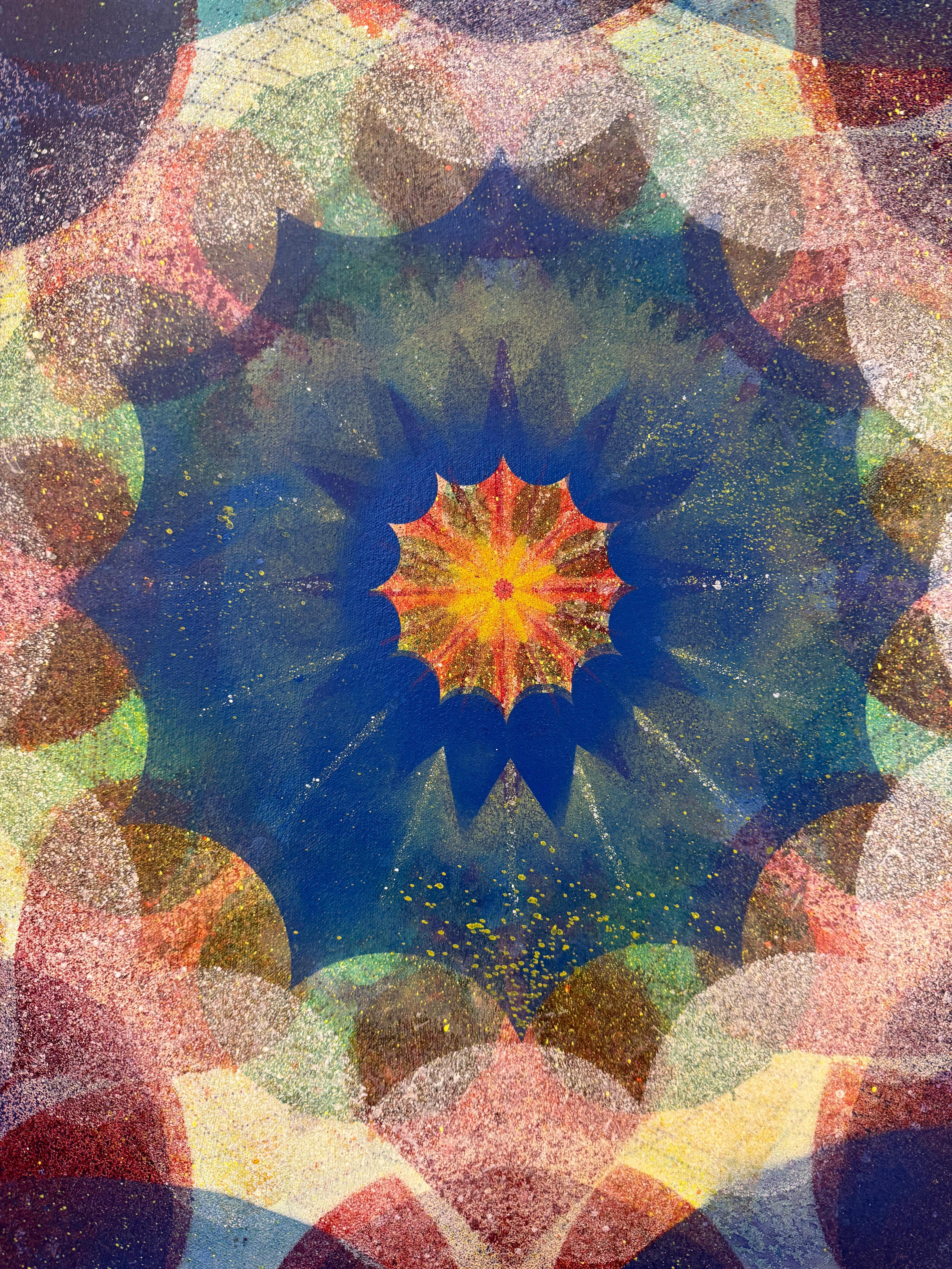 Kaleidoscope Pop Blue Haze - Violet Cerulean Geometric Flower Circle Mandala For Sale 1
