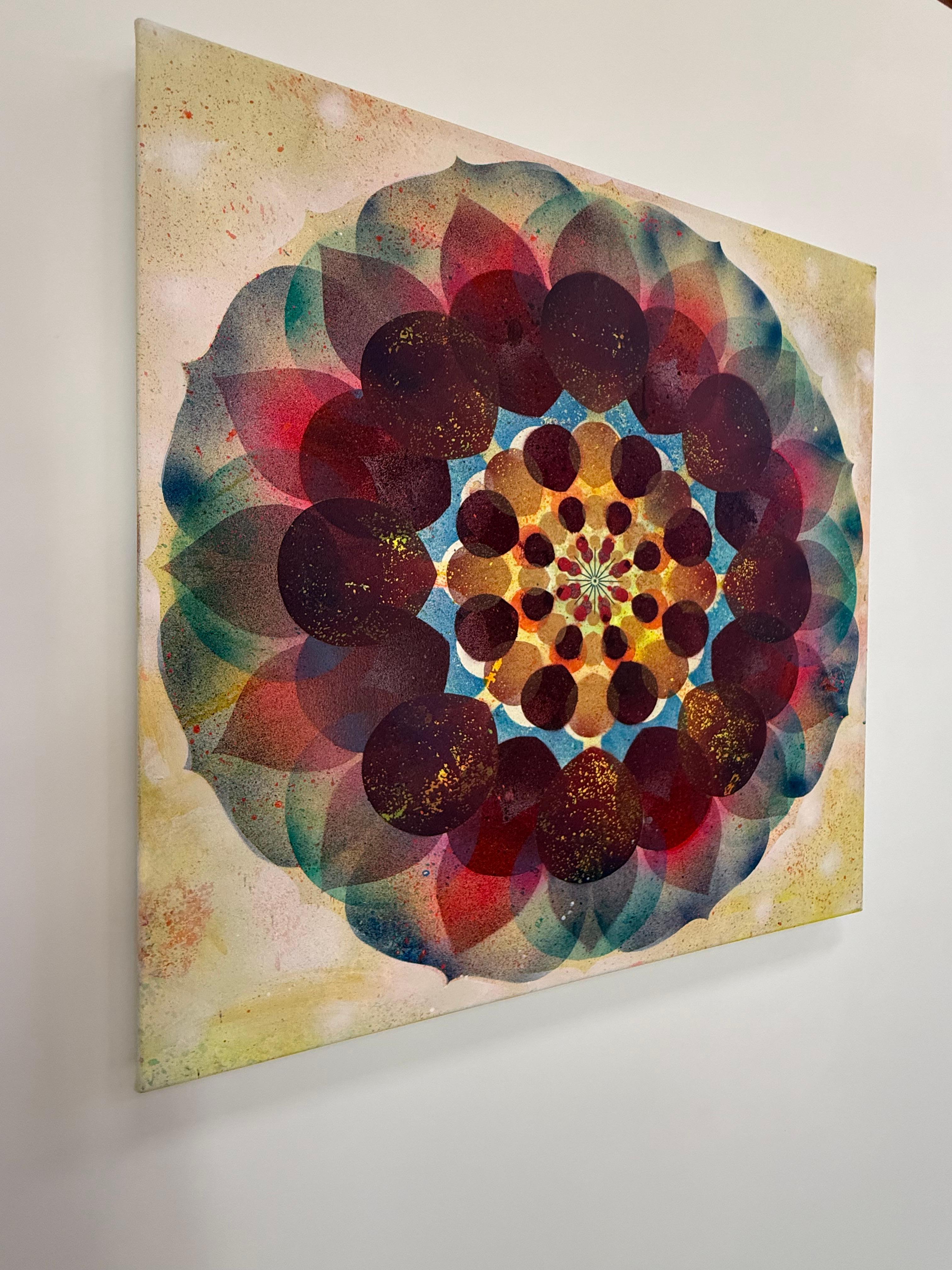 Kaleidoscope Pop Eye Exam - Violet Pink Geometric Flower Circle Mandala, 2025 - Contemporary Painting by Mary Judge