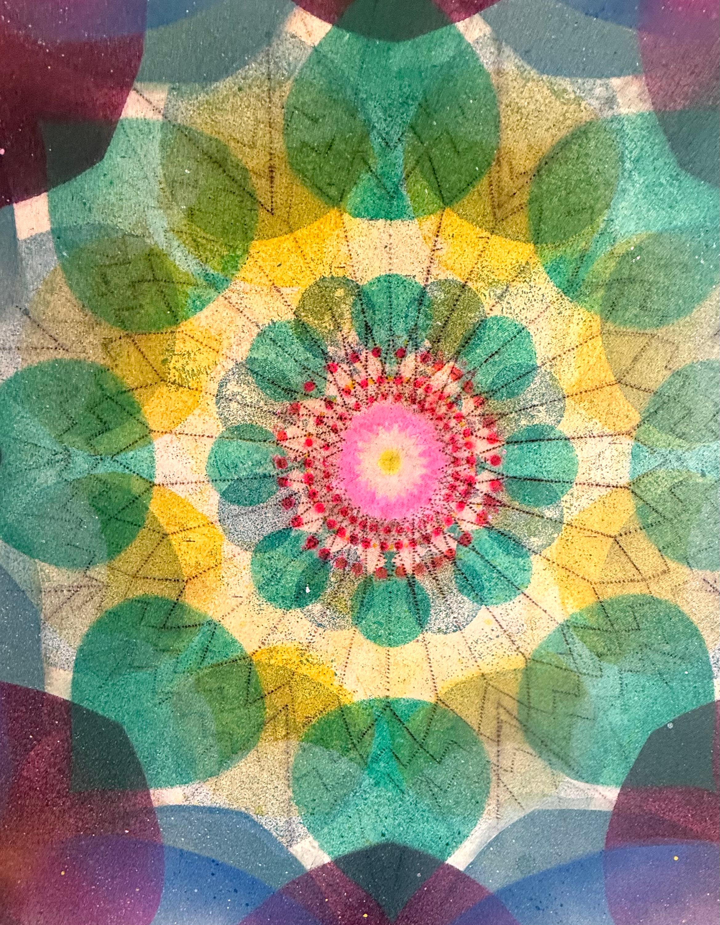 Caleidoscopio Pop Green Haze - Mandala Círculo Geométrico Azul Violeta Amarillo, 2025 en venta 6