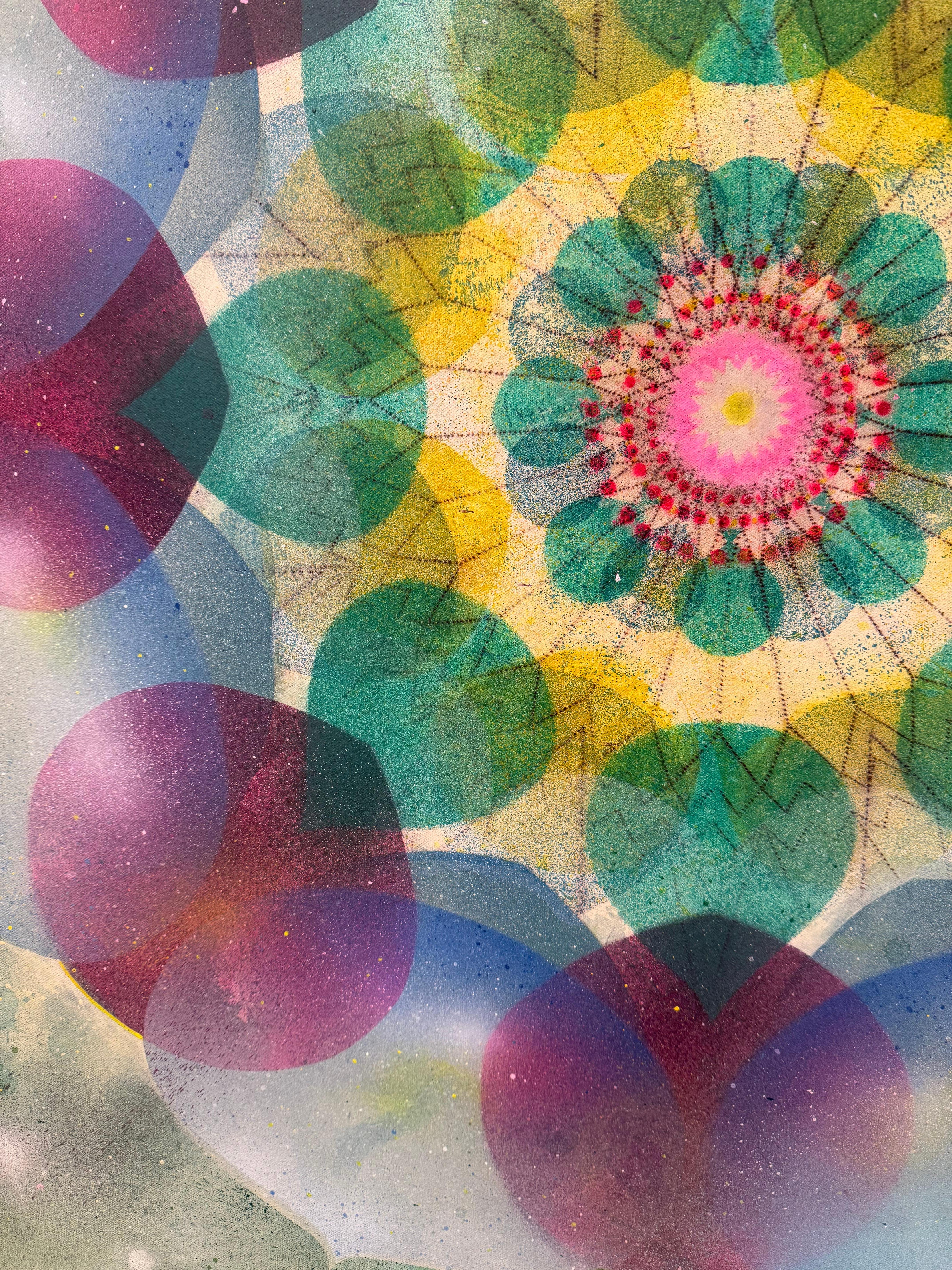 Caleidoscopio Pop Green Haze - Mandala Círculo Geométrico Azul Violeta Amarillo, 2025 en venta 7