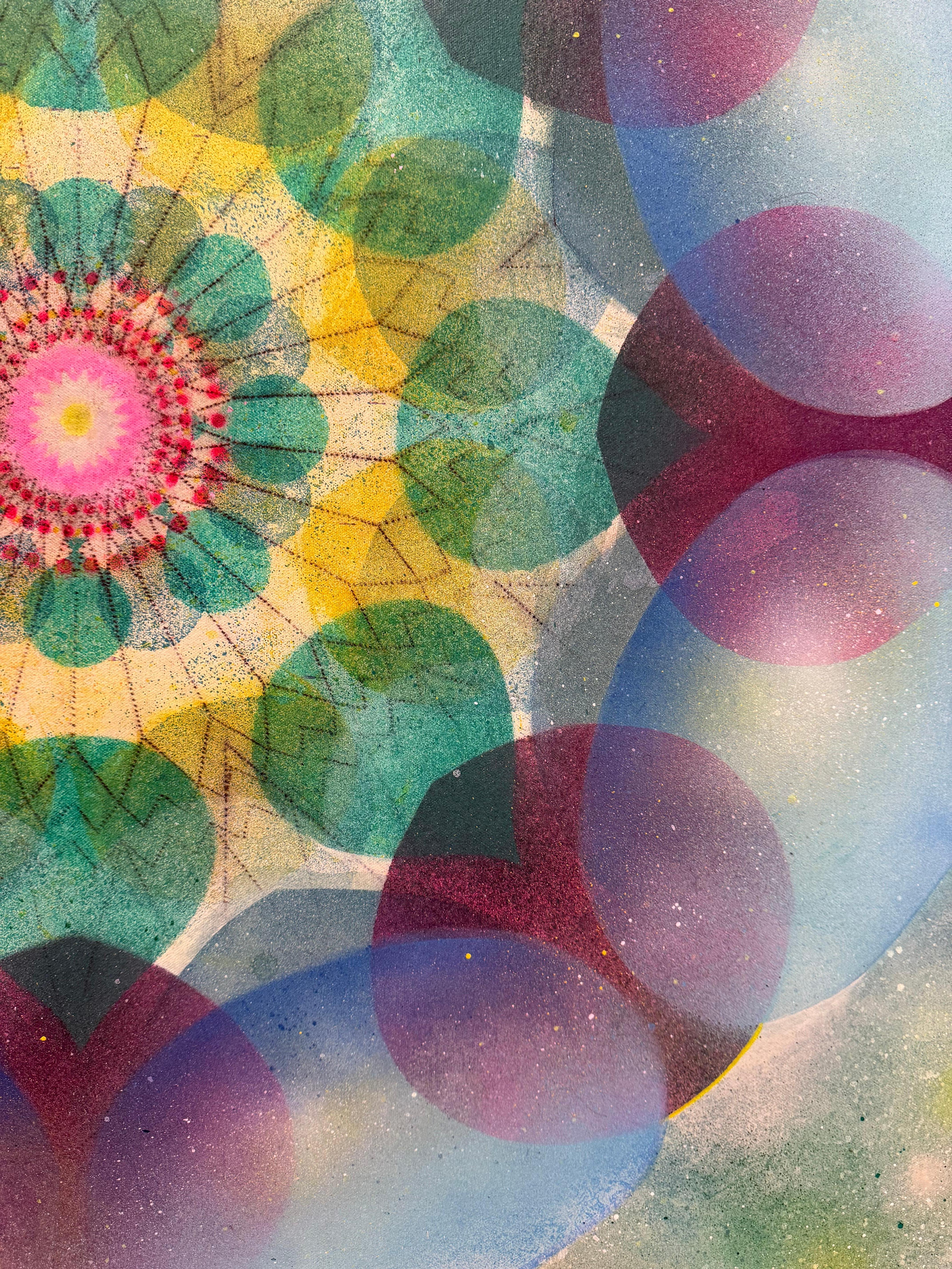 Caleidoscopio Pop Green Haze - Mandala Círculo Geométrico Azul Violeta Amarillo, 2025 en venta 8