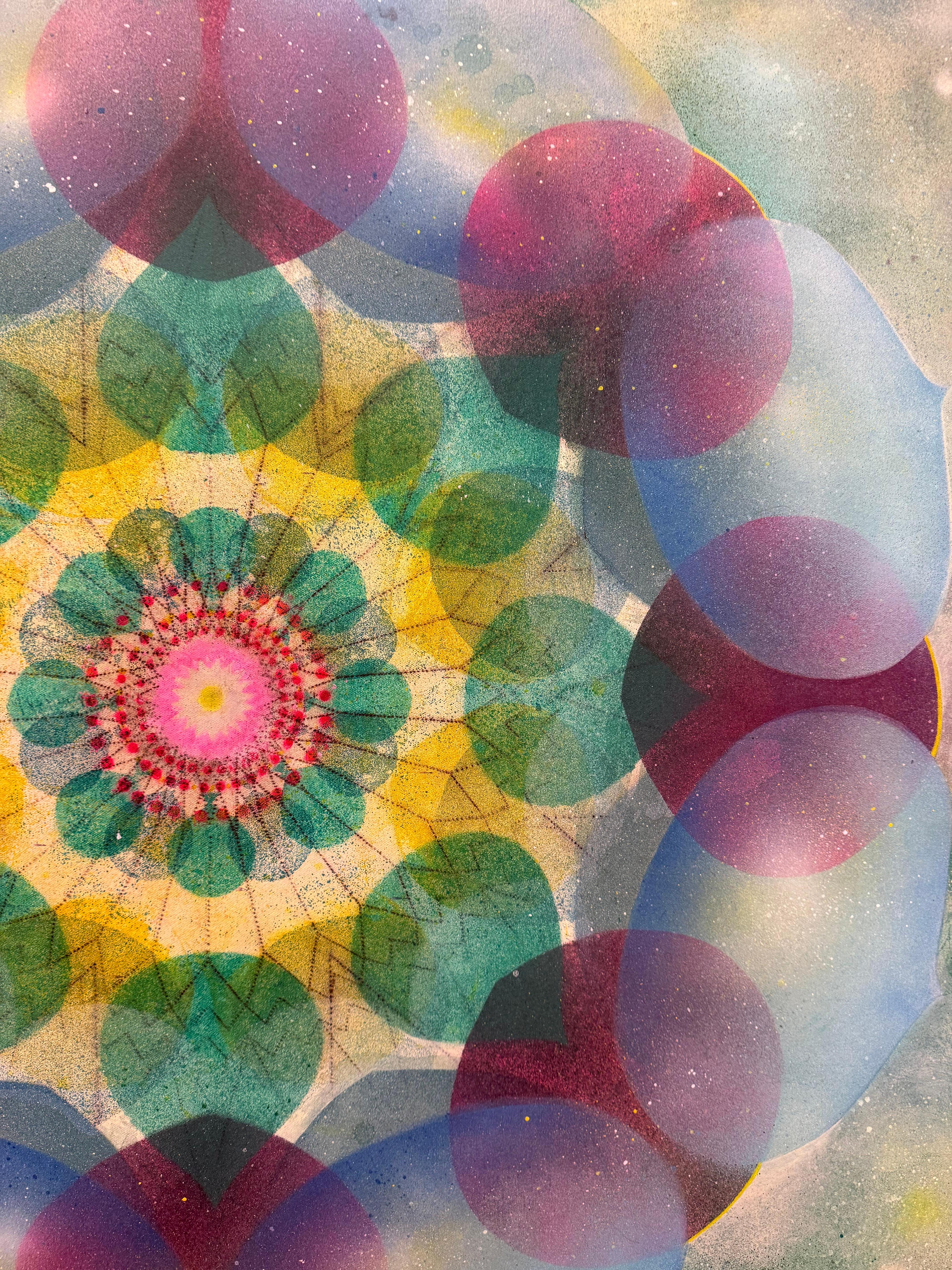 Caleidoscopio Pop Green Haze - Mandala Círculo Geométrico Azul Violeta Amarillo, 2025 en venta 10