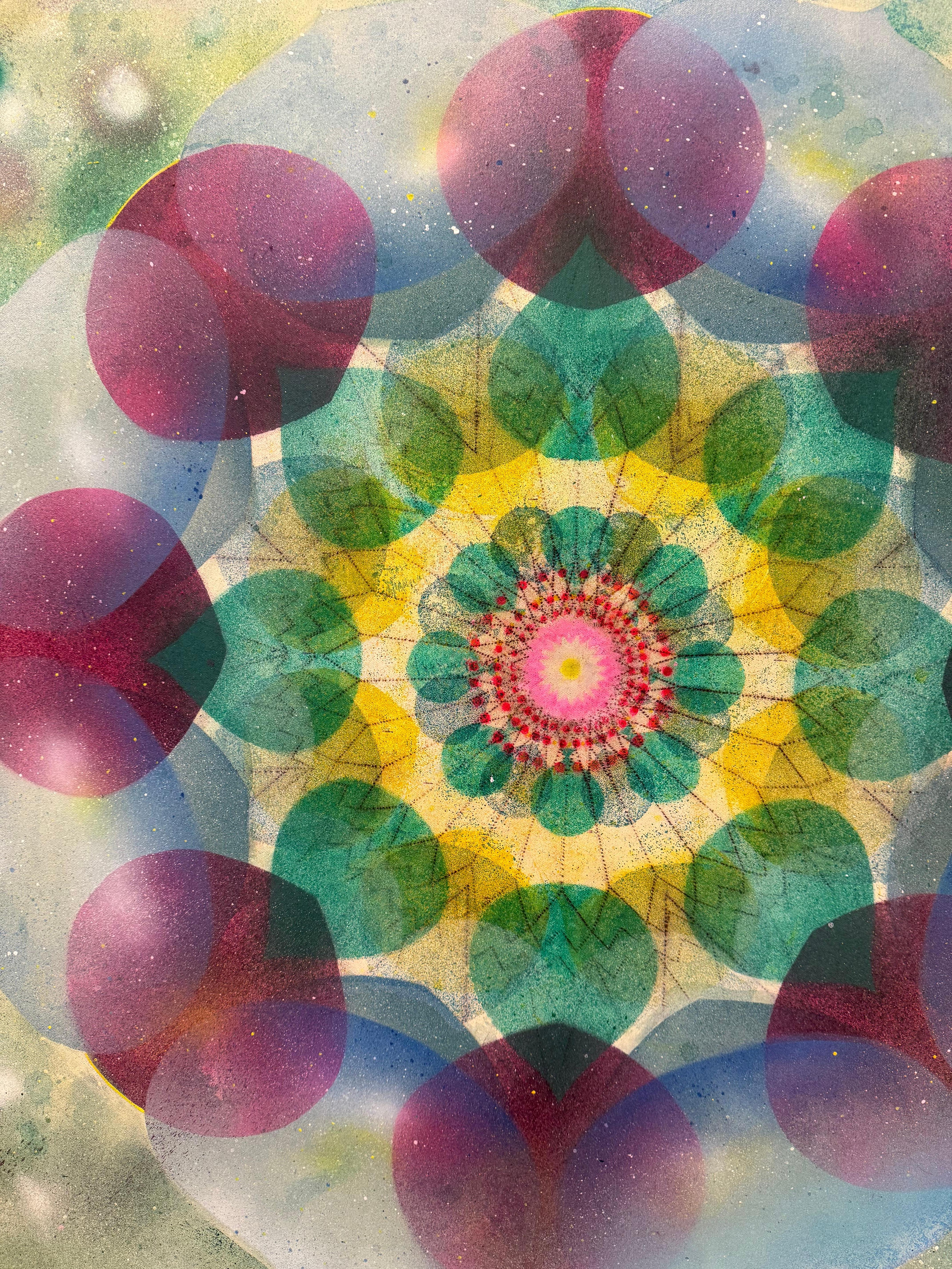 Caleidoscopio Pop Green Haze - Mandala Círculo Geométrico Azul Violeta Amarillo, 2025 en venta 11