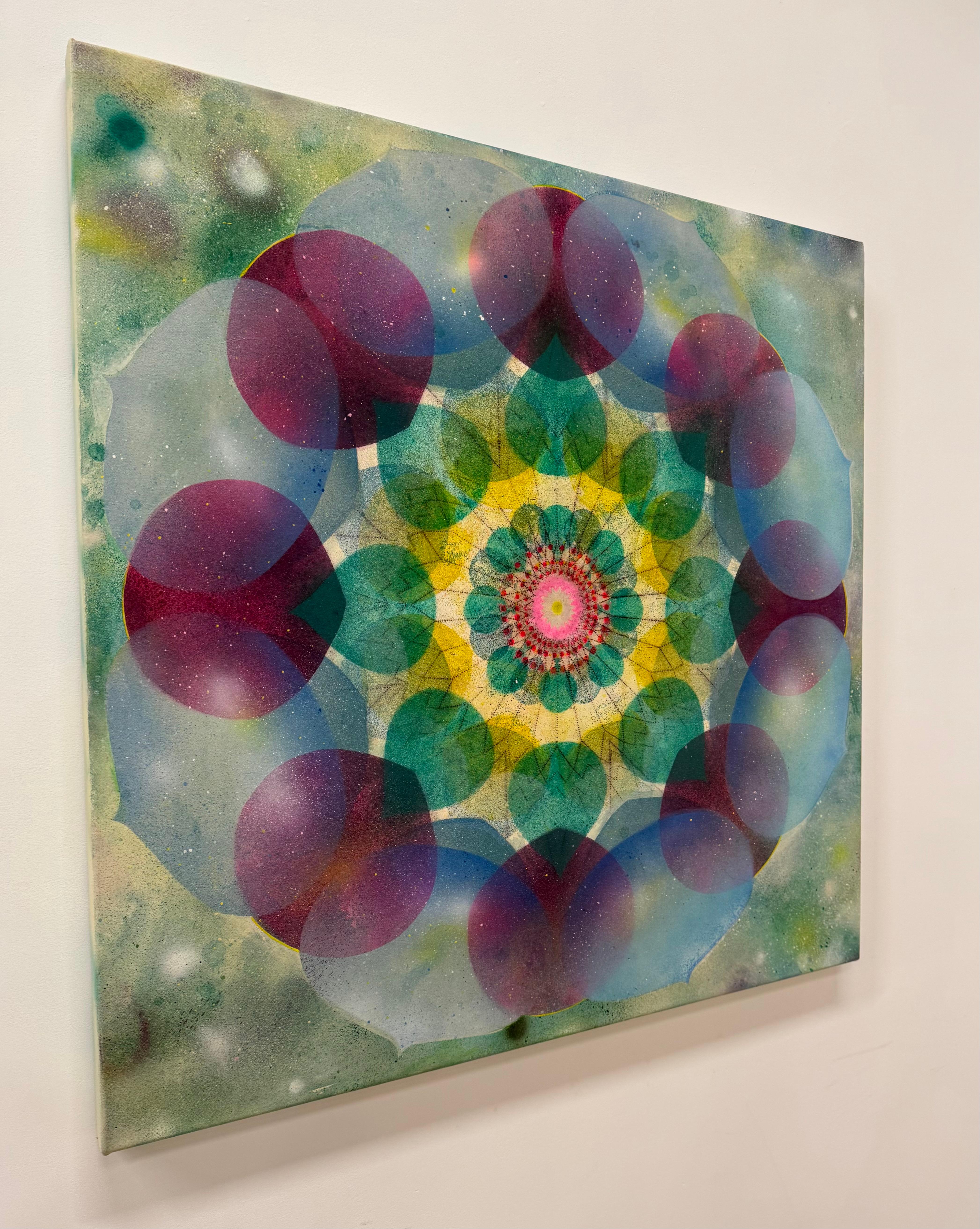 Caleidoscopio Pop Green Haze - Mandala Círculo Geométrico Azul Violeta Amarillo, 2025 en venta 14