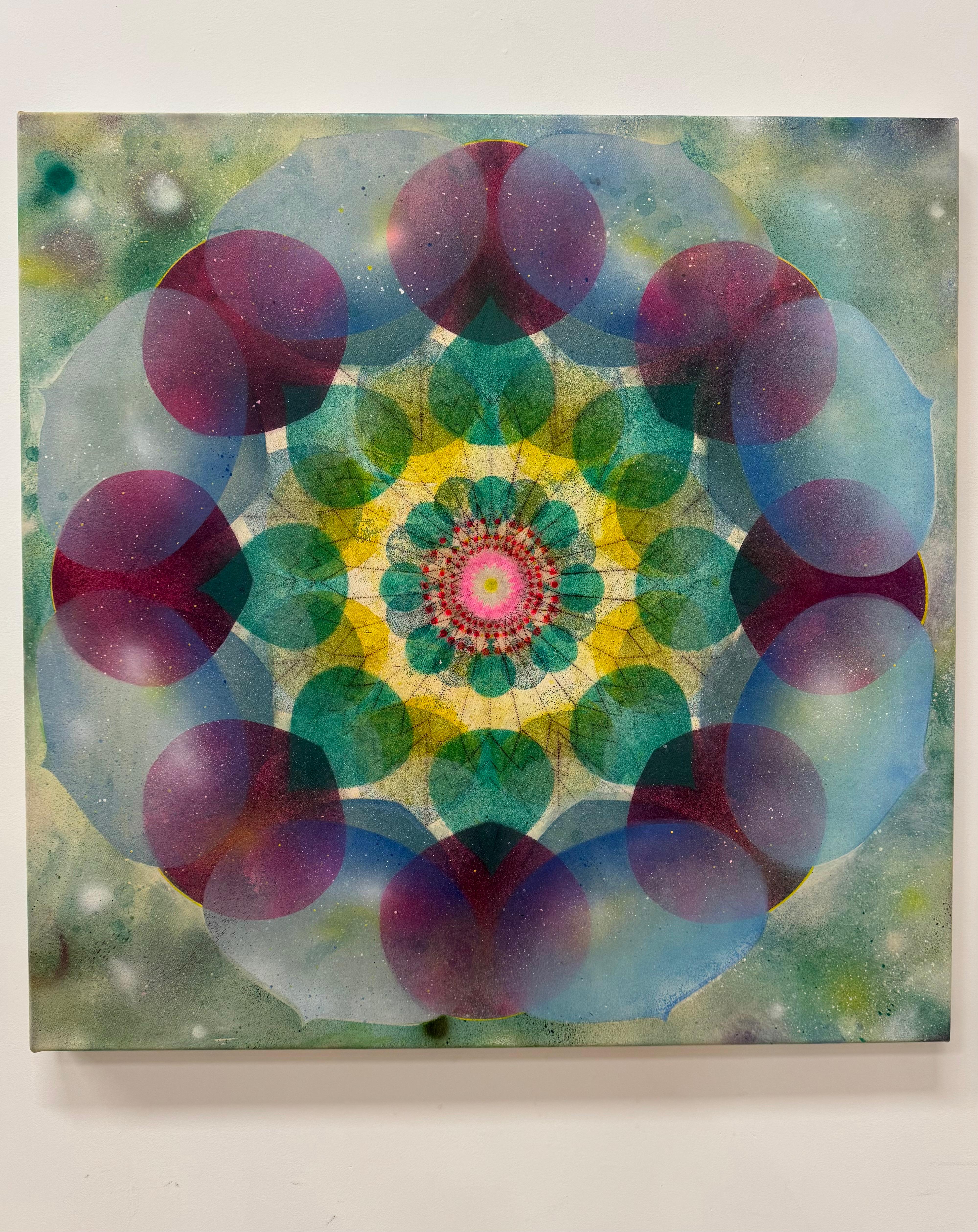 Caleidoscopio Pop Green Haze - Mandala Círculo Geométrico Azul Violeta Amarillo, 2025 - Painting de Mary Judge