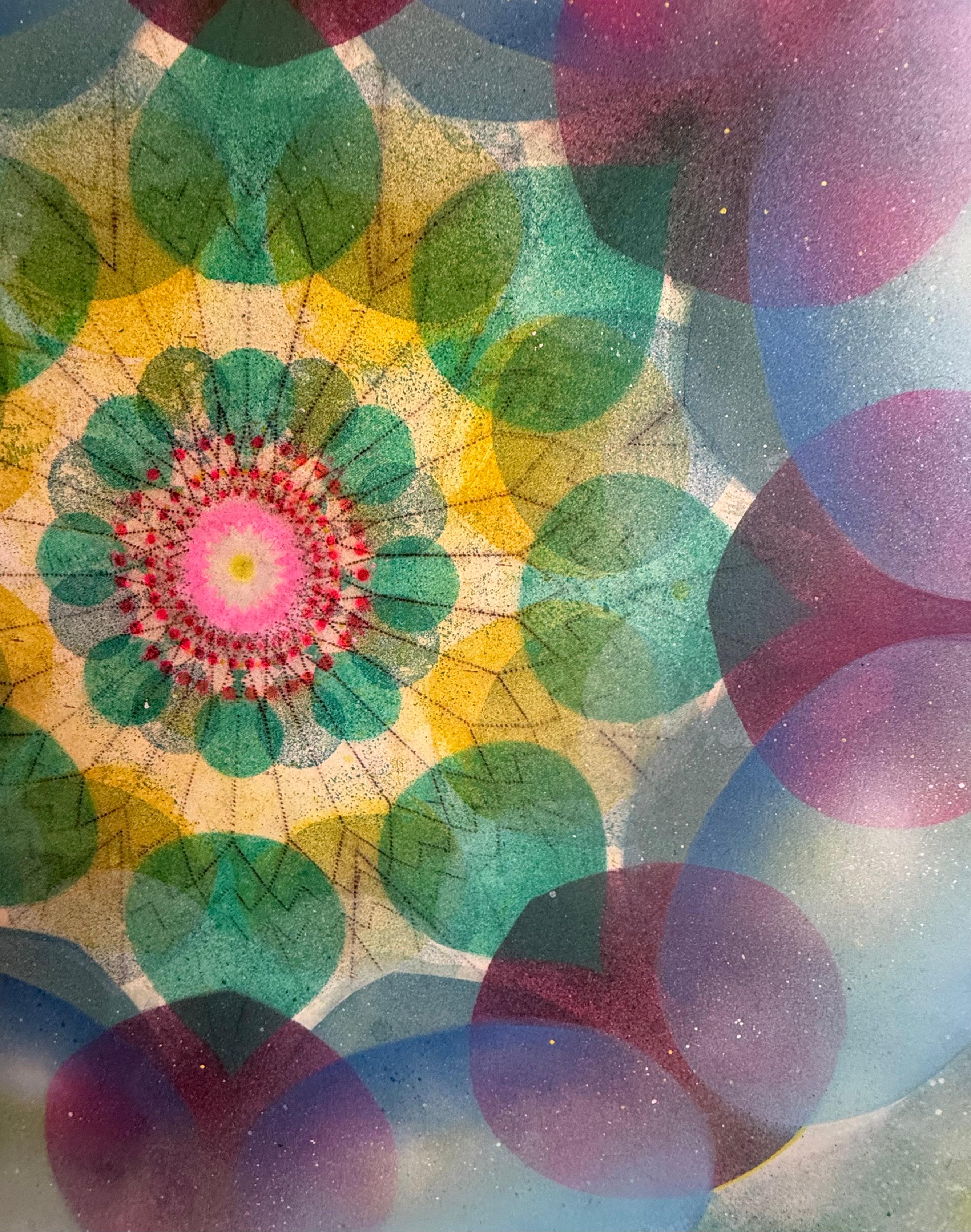 Caleidoscopio Pop Green Haze - Mandala Círculo Geométrico Azul Violeta Amarillo, 2025 en venta 2