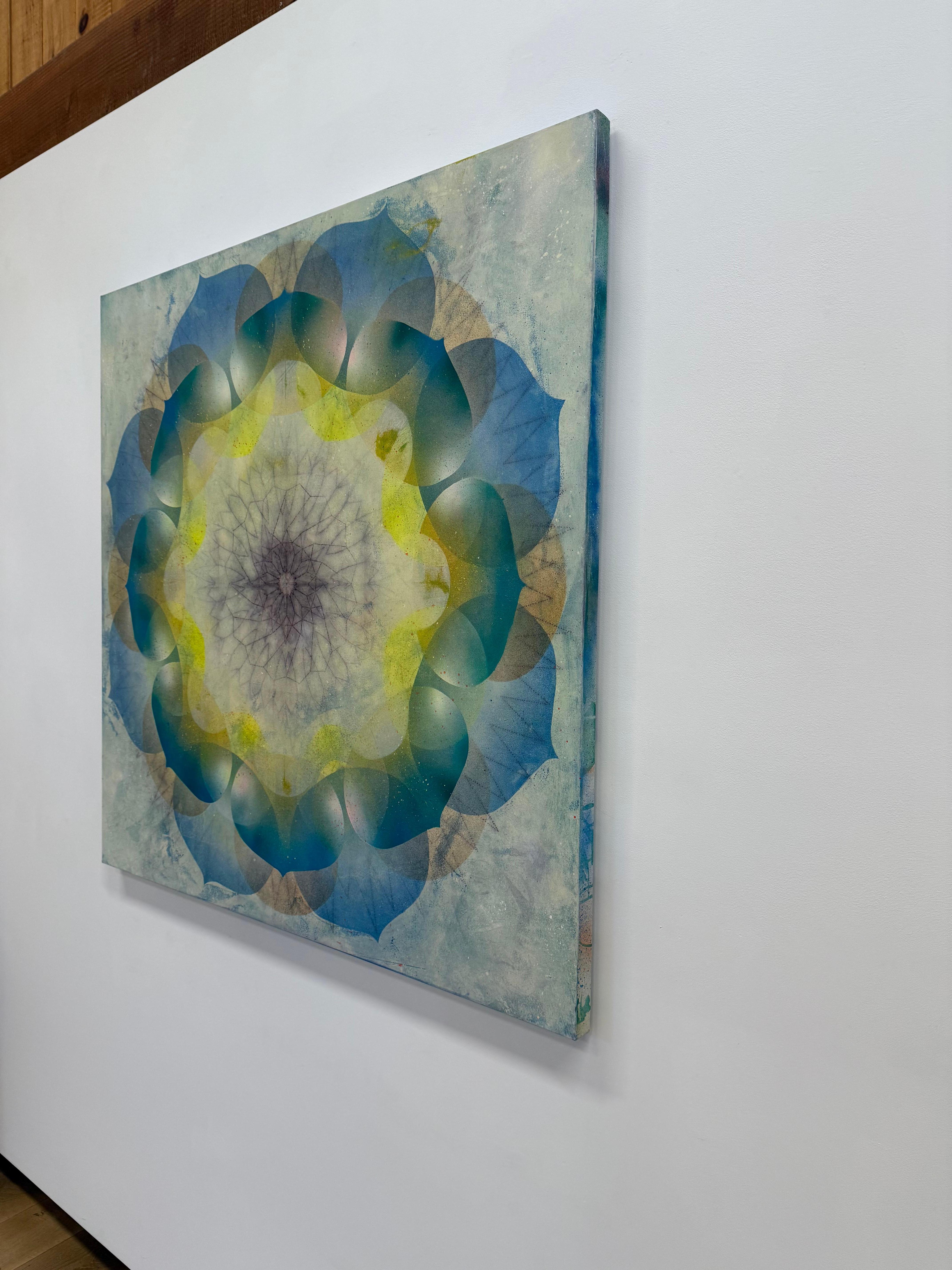 Kaleidoskop Pop Queen Anne - Blau Grün Gelb Geometrisches Blumenmandala, 2025 im Angebot 10