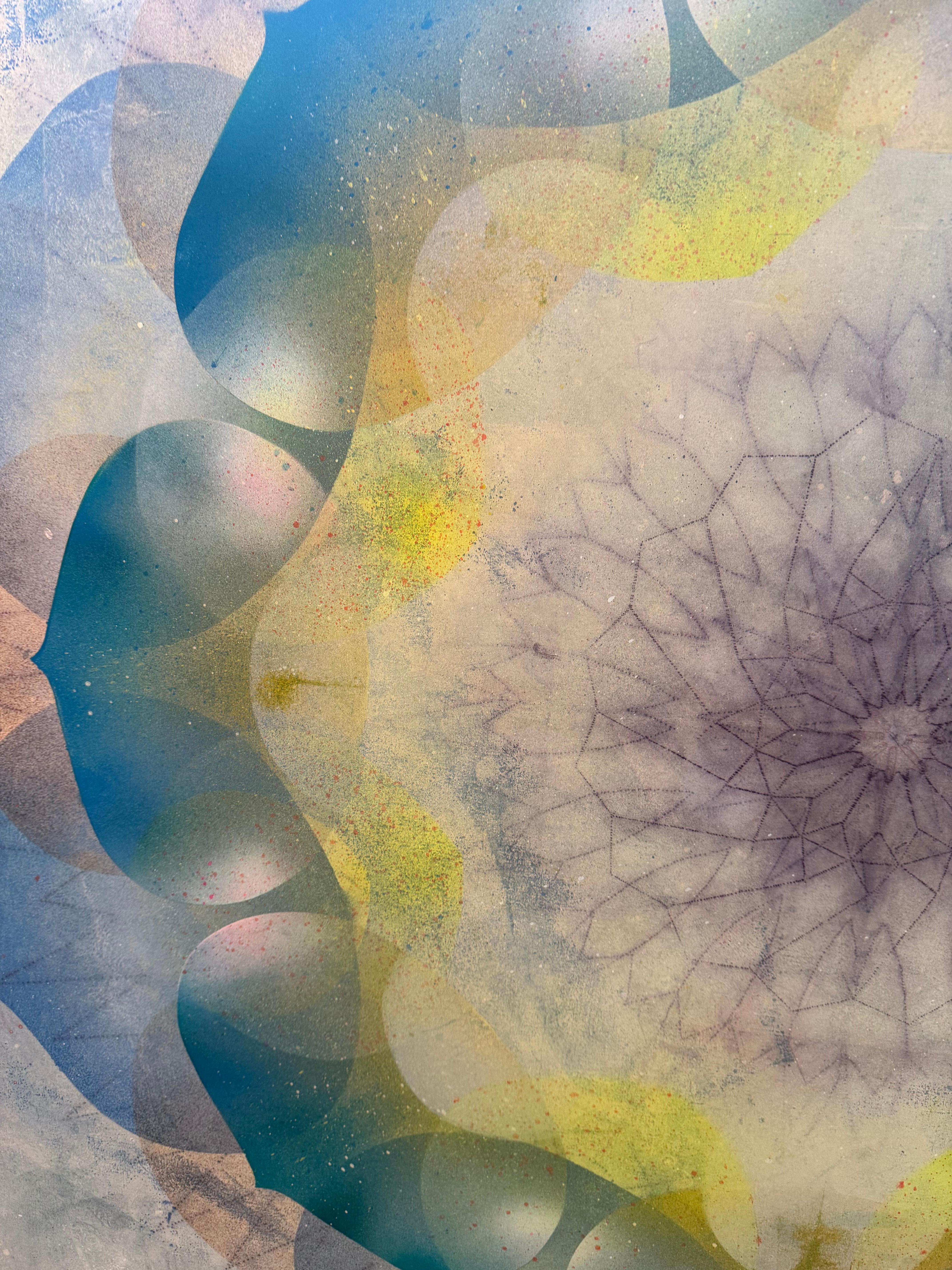 Kaleidoskop Pop Queen Anne - Blau Grün Gelb Geometrisches Blumenmandala, 2025 im Angebot 3