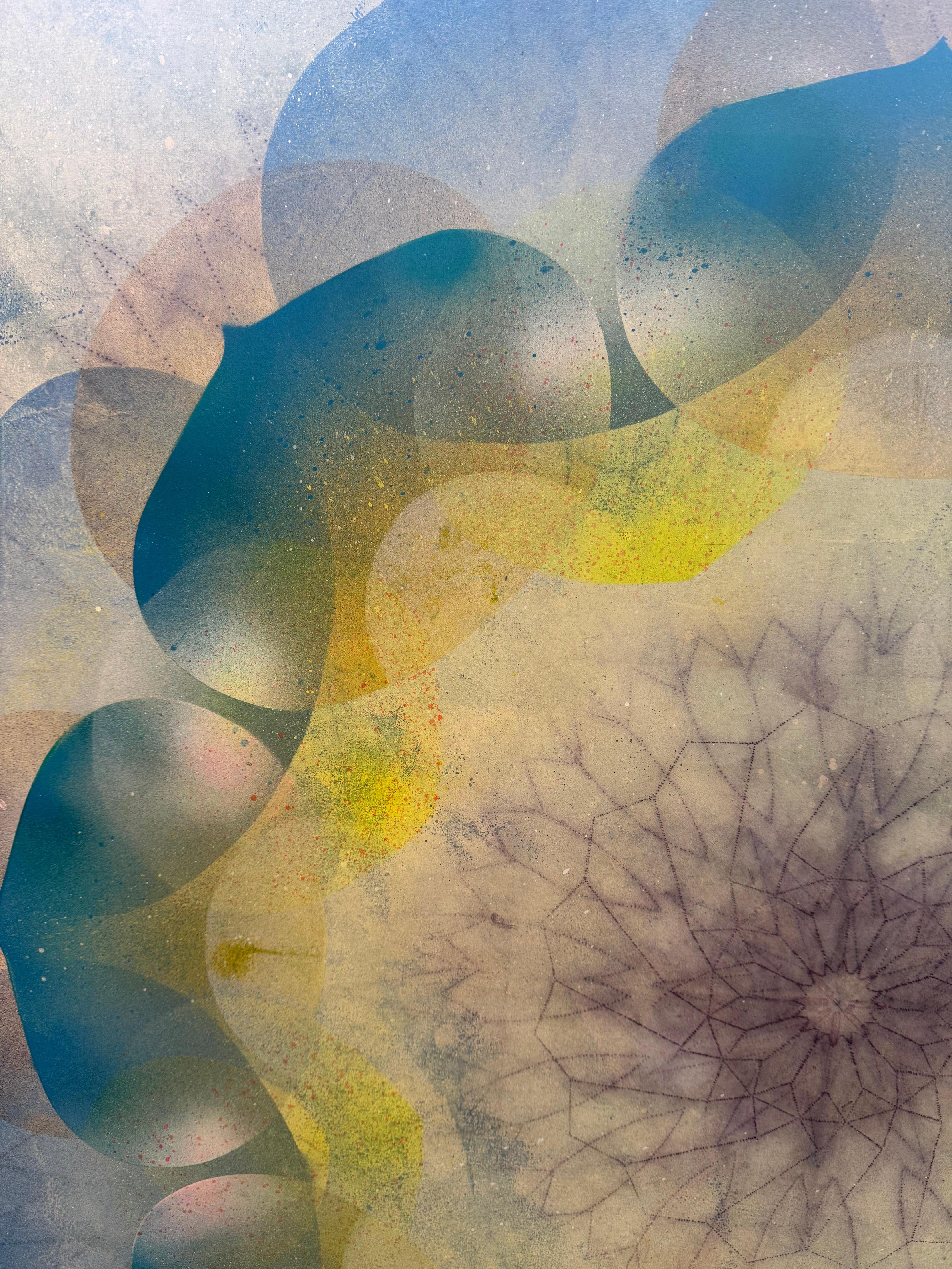Kaleidoskop Pop Queen Anne - Blau Grün Gelb Geometrisches Blumenmandala, 2025 im Angebot 4