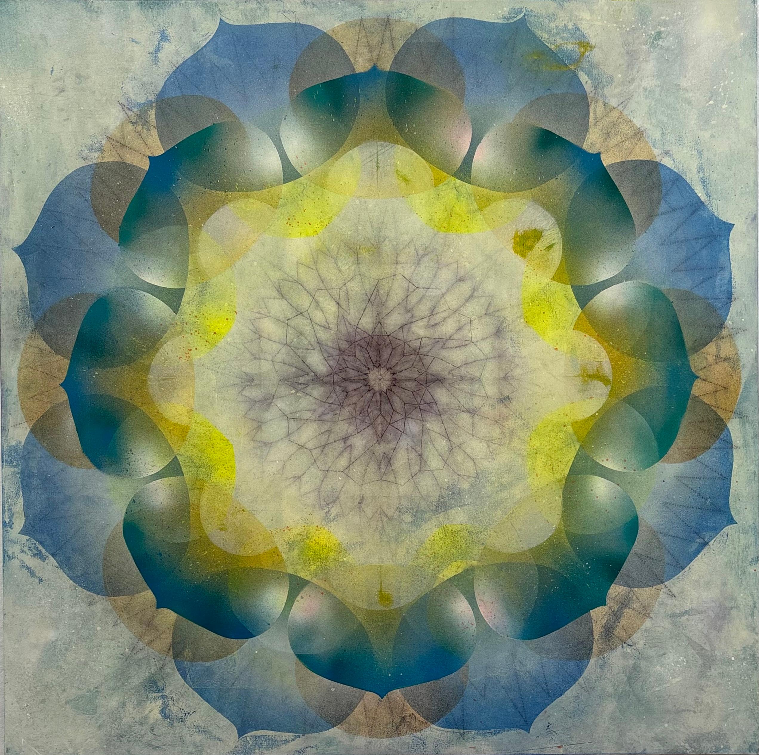 Mary Judge Abstract Painting – Kaleidoskop Pop Queen Anne - Blau Grün Gelb Geometrisches Blumenmandala, 2025