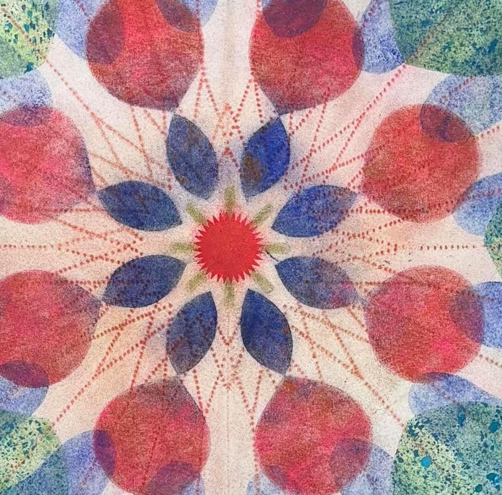 Water Mill Pinwheel Series 11A, Blue+Pink Abstract Geometric Mandala, 30x30in. For Sale 1