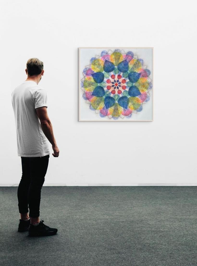 Water Mill Pinwheel Series 11A, Blue+Pink Abstract Geometric Mandala, 30x30in. - Painting by Mary Judge